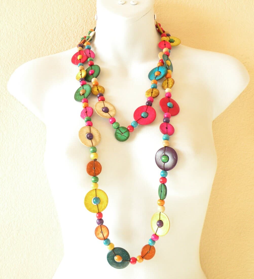 Clearance Women Hawaiian Luau Party Colorful Ethnic Wooden Crafted Chains One Loop Long Flowers Lei Necklace - image 3