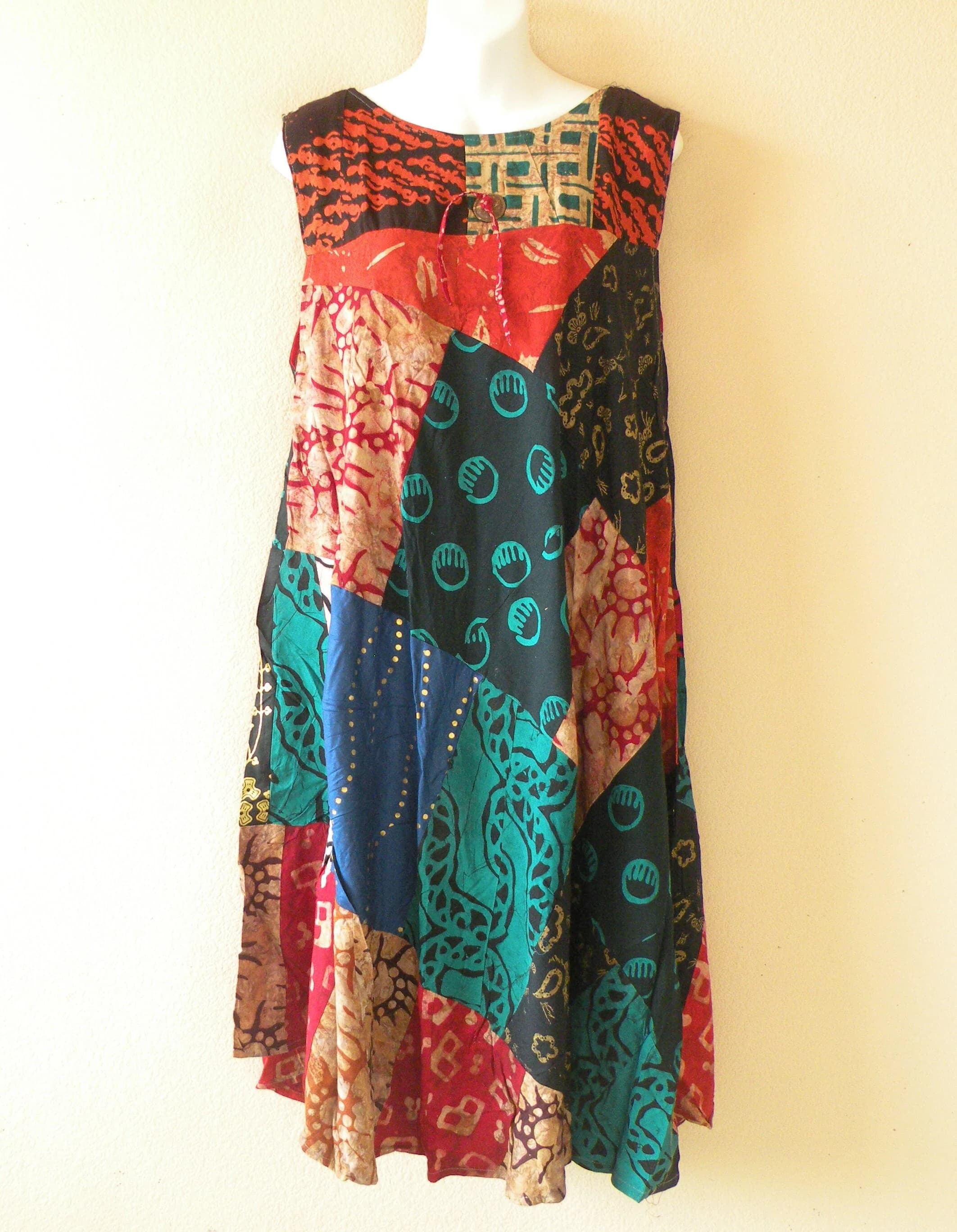PD11 Batik Patchwork Boho Ethnic Traditional Women Beachwear Sleeveless Round Neck Boho Hippie Knee Length Asymmetrical Umbrella Midi Dress - image 3