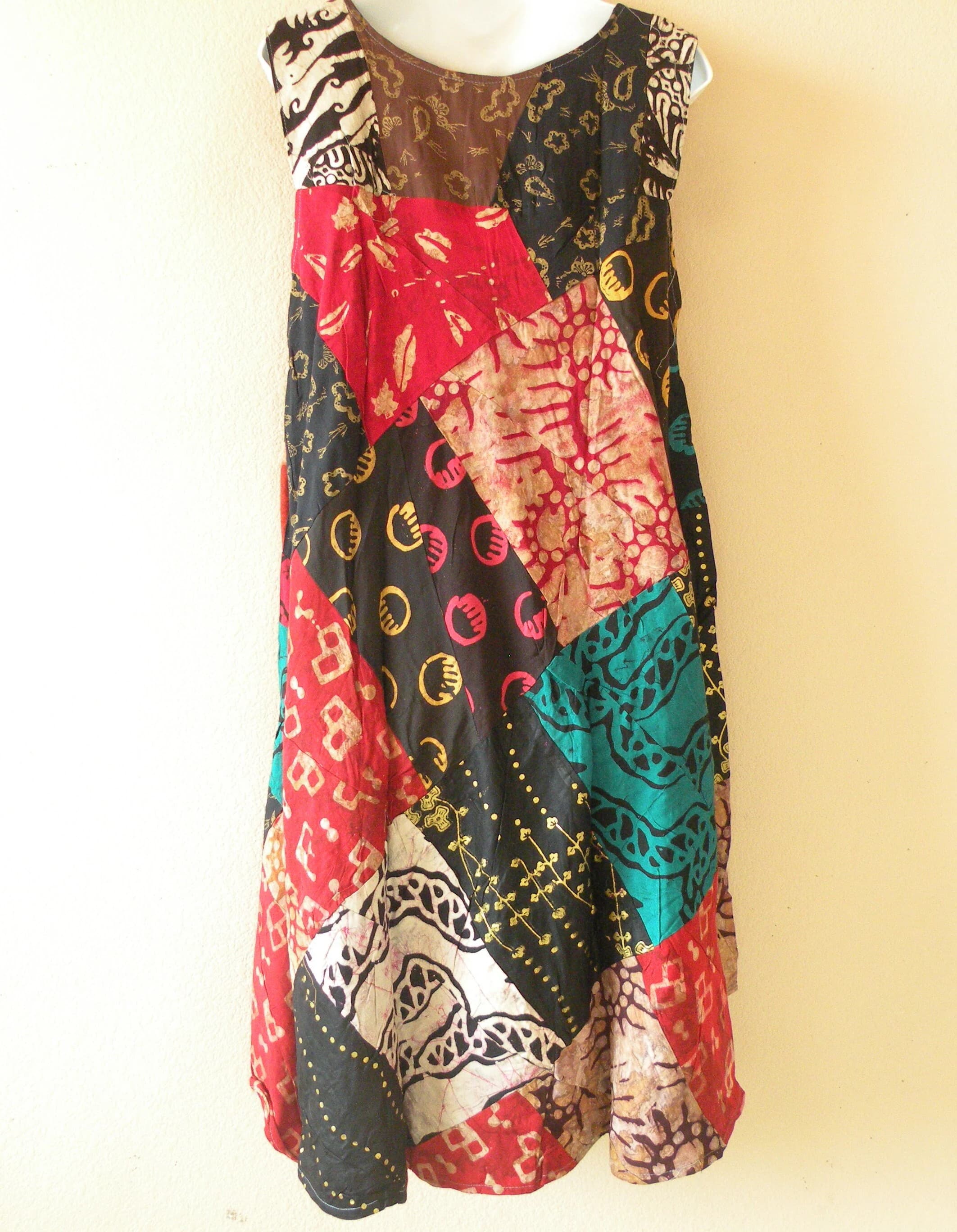PD11 Batik Patchwork Boho Ethnic Traditional Women Beachwear Sleeveless Round Neck Boho Hippie Knee Length Asymmetrical Umbrella Midi Dress - image 4