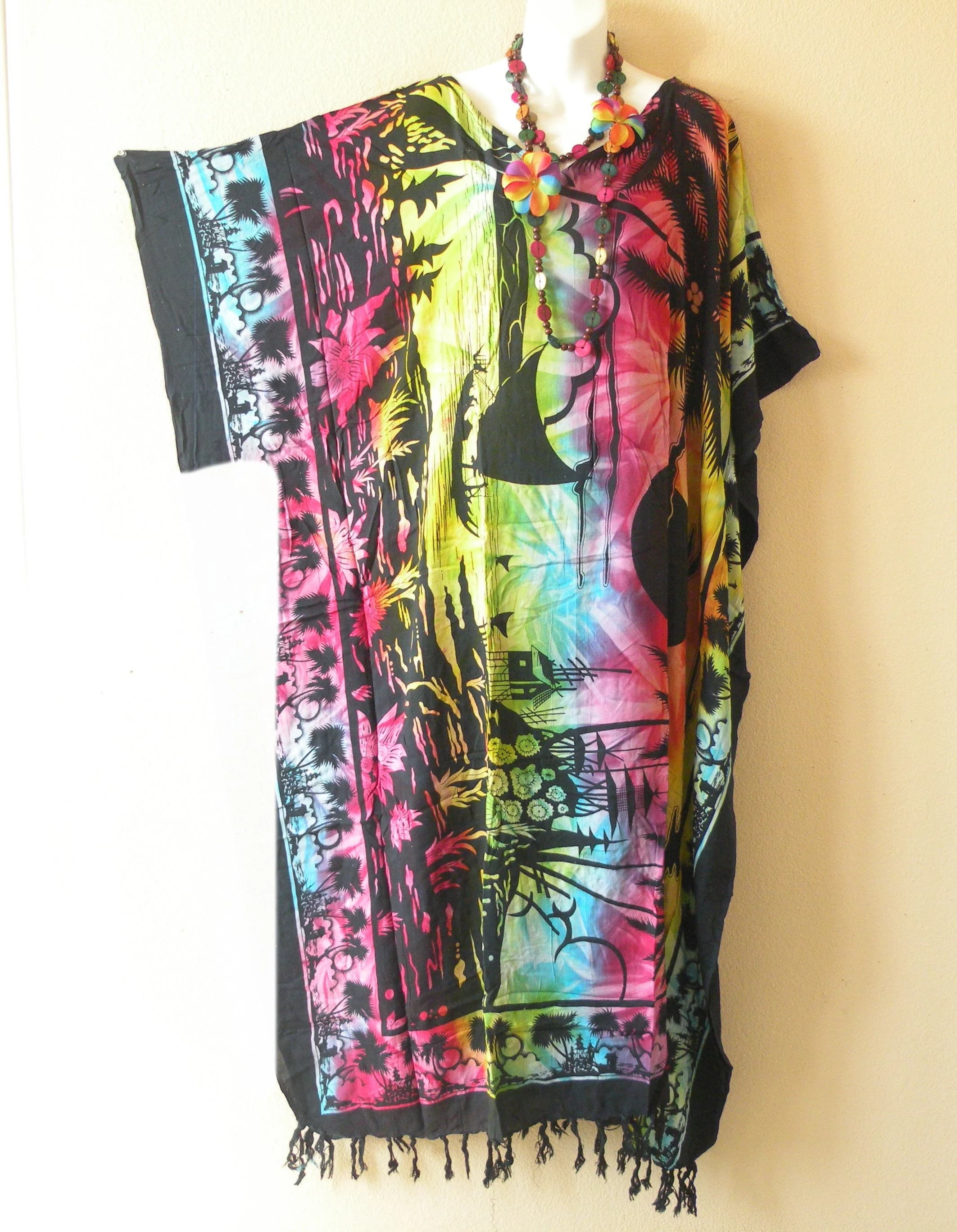 KG89 Tie Dye Scenic Batik Rayon Kaftan Caftan Kimono Sleeve Abaya Tunic Poncho Beachwear Maxi Long Fringes Dress -Fit up to 5X - image 3