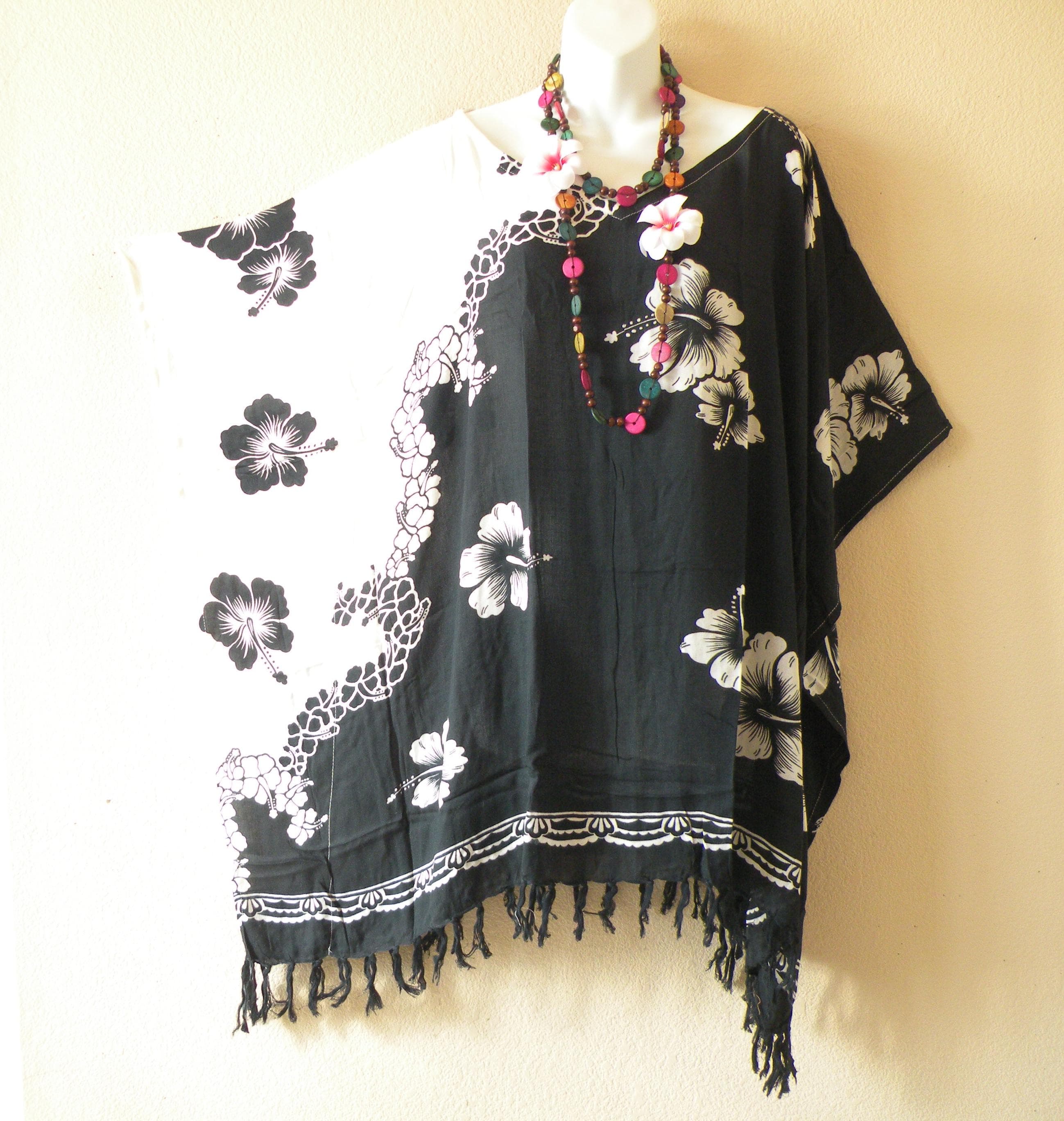 KB231 Black White Hibiscus Plus Kaftan Caftan Kimono Fringes Beachwear Tunic Poncho Blouse Top - S, M, L, XL, 1X, 2X, 3X, 4X & 5X - image 3