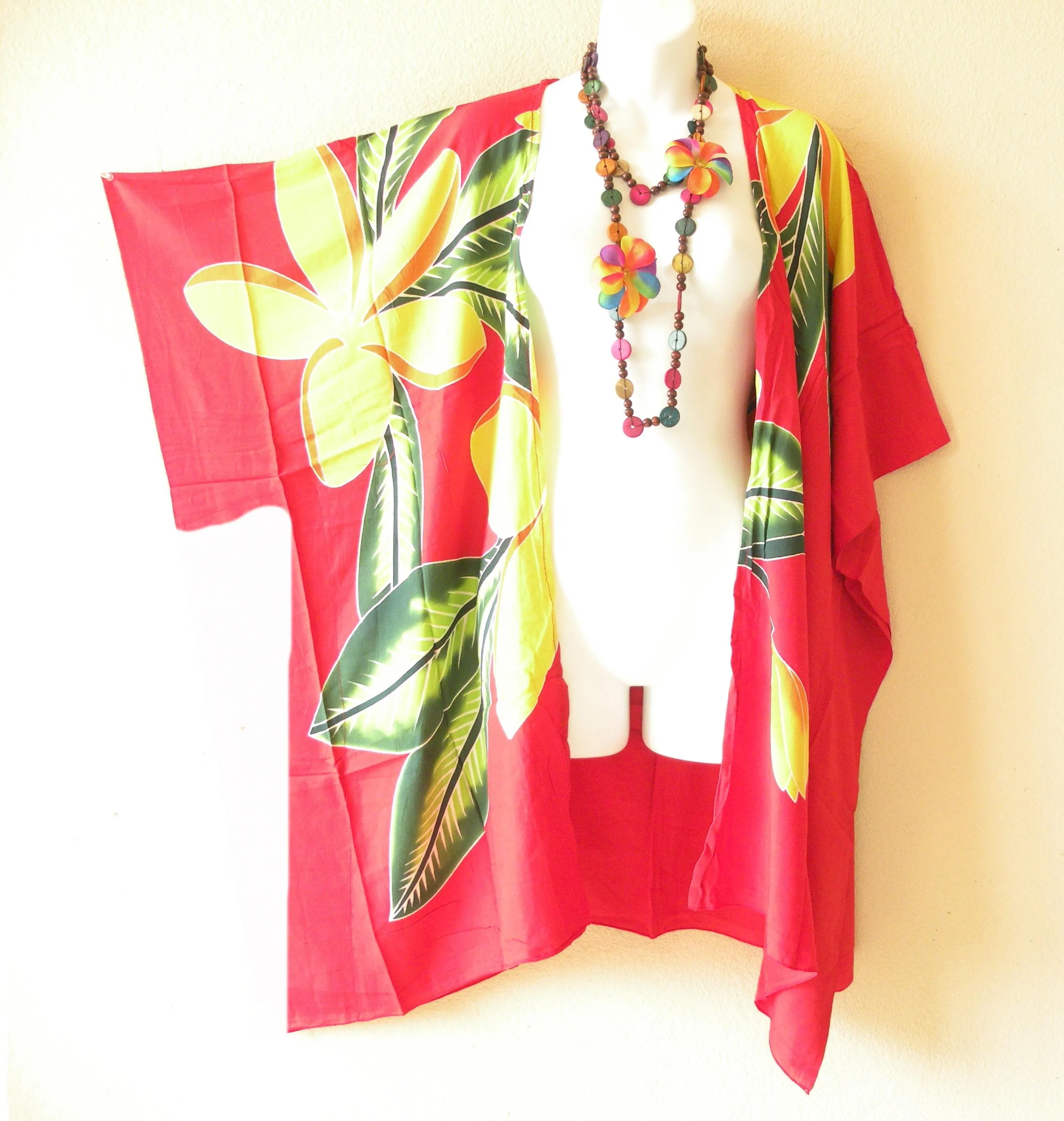 CB415 Red Hand Painted Batik Floral Plus Size Kaftan Kimono Cardigan Duster Jacket Beachwear Cover up - S, M, L, XL, 1X, 2X, 3X, 4X, 5X - image 3