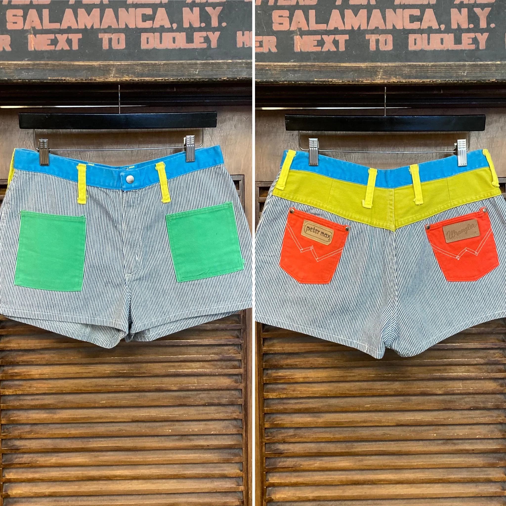 Vintage 1960’s w31 Original Peter Max Wrangler Pop Art Glam Hippie Denim Shorts Jeans Pants, 1960’s Jacket