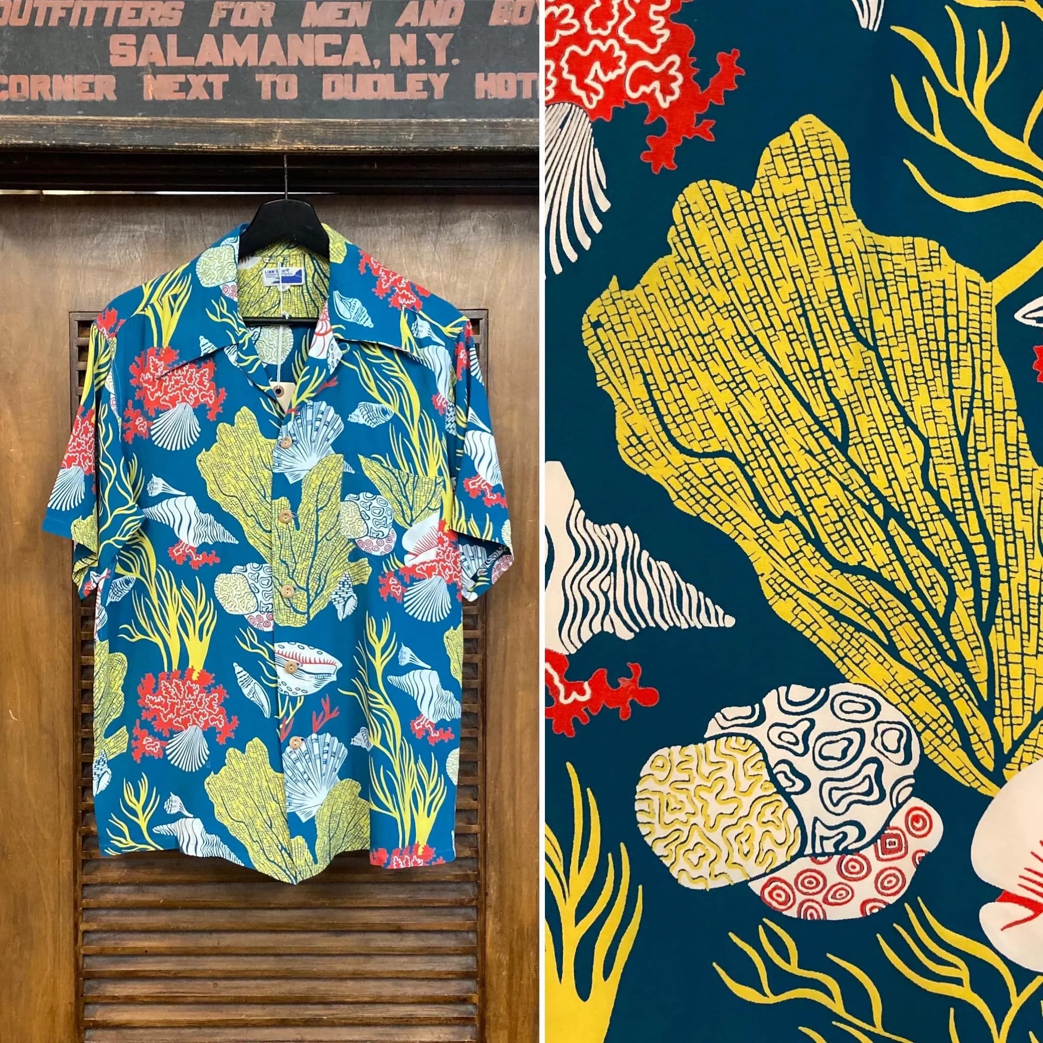 Vintage 1940’s “Kamehameha” Atomic Underwater Seashell Silky Rayon Tiki Hawaiian Shirt, Signed Selvedge, Vintage Hawaiian Shirt