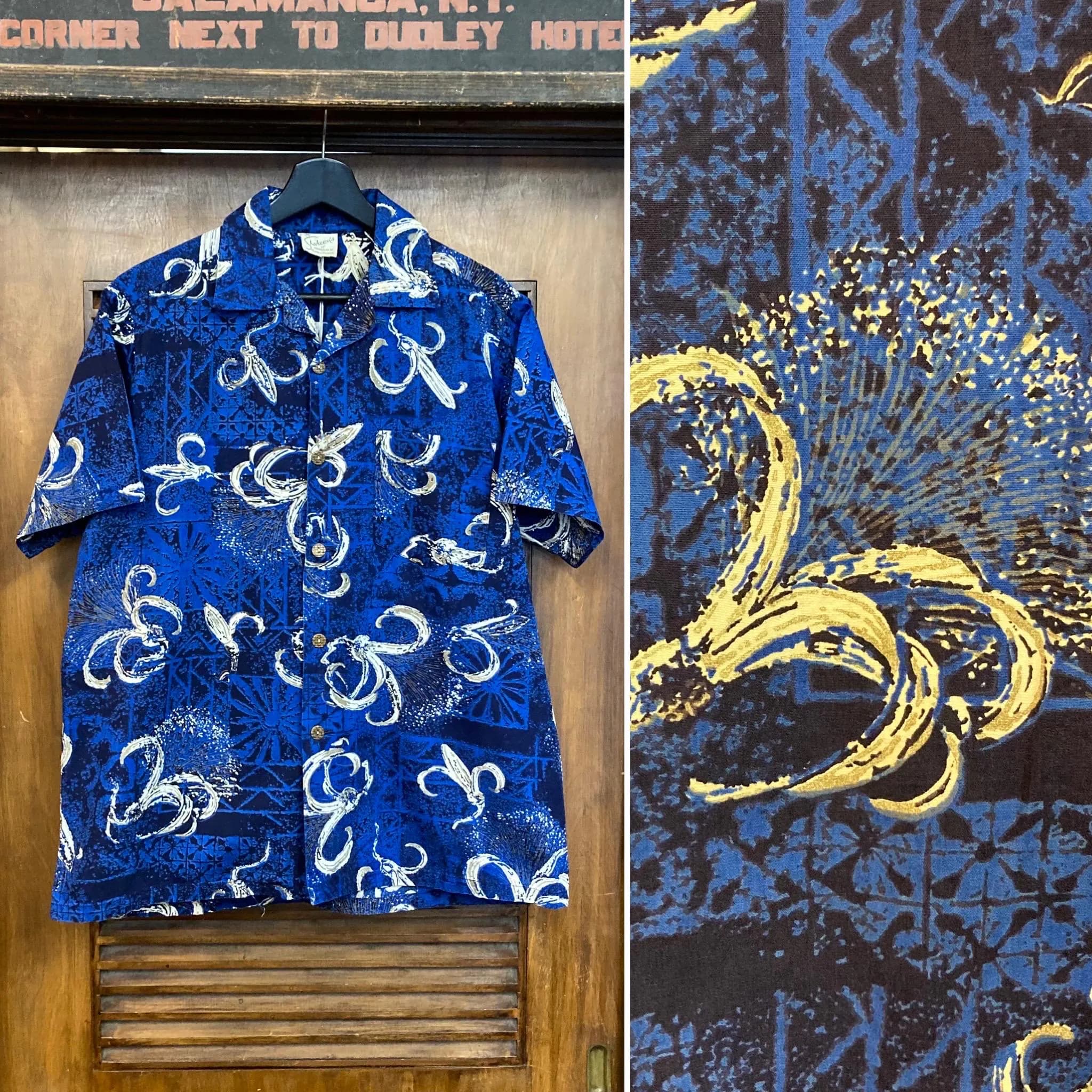 Vintage 1950’s Dated 1957 “Shaheen’s” Tiki Floral Cotton Loop Collar Hawaiian Shirt, Signed Selvedge, Bombax Tapa, 1950’s Shirt