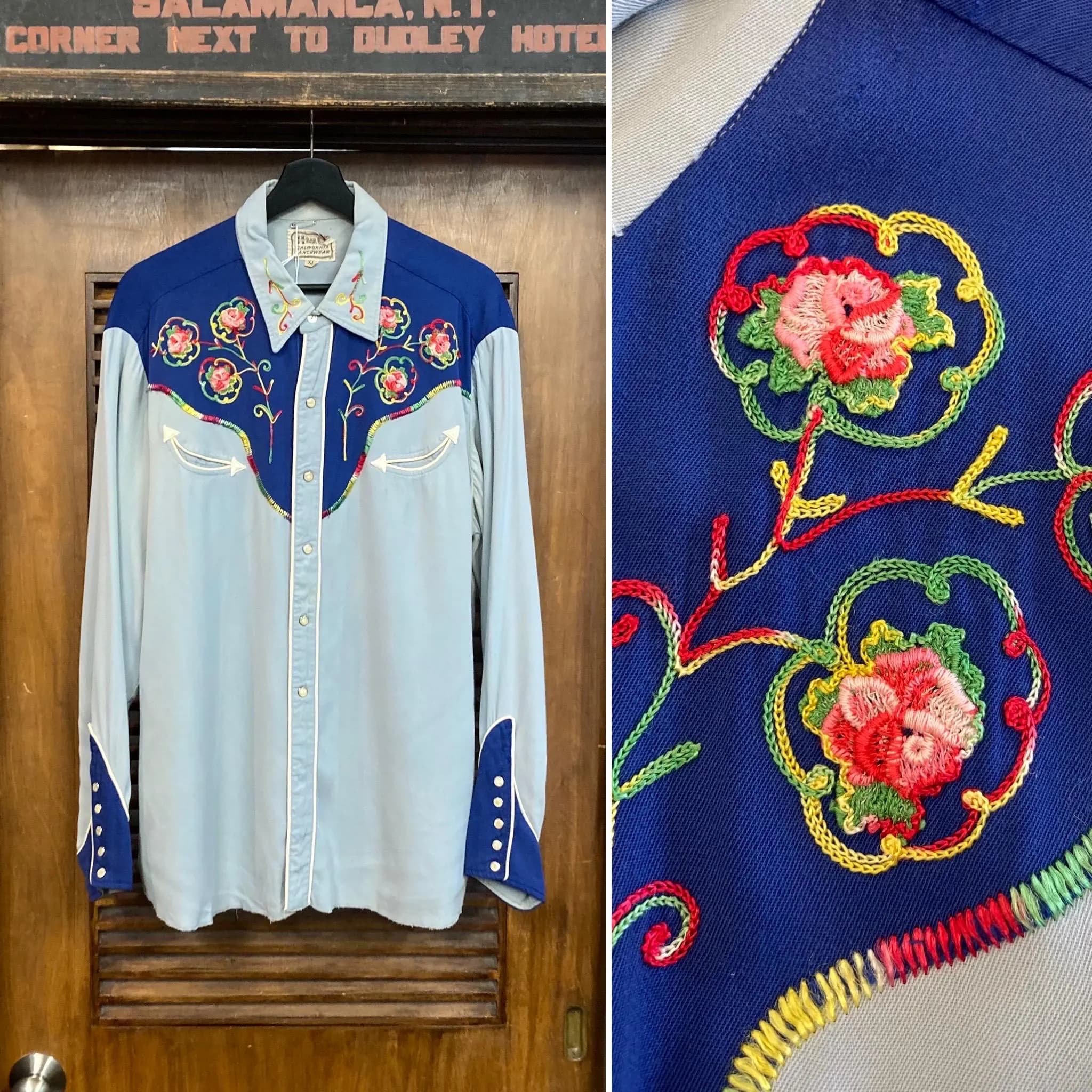 Vintage 1950’s “H Bar C” Western Cowboy Embroidery Rayon Gabardine Rockabilly Pearl Snap Shirt, 1950’s Shirt