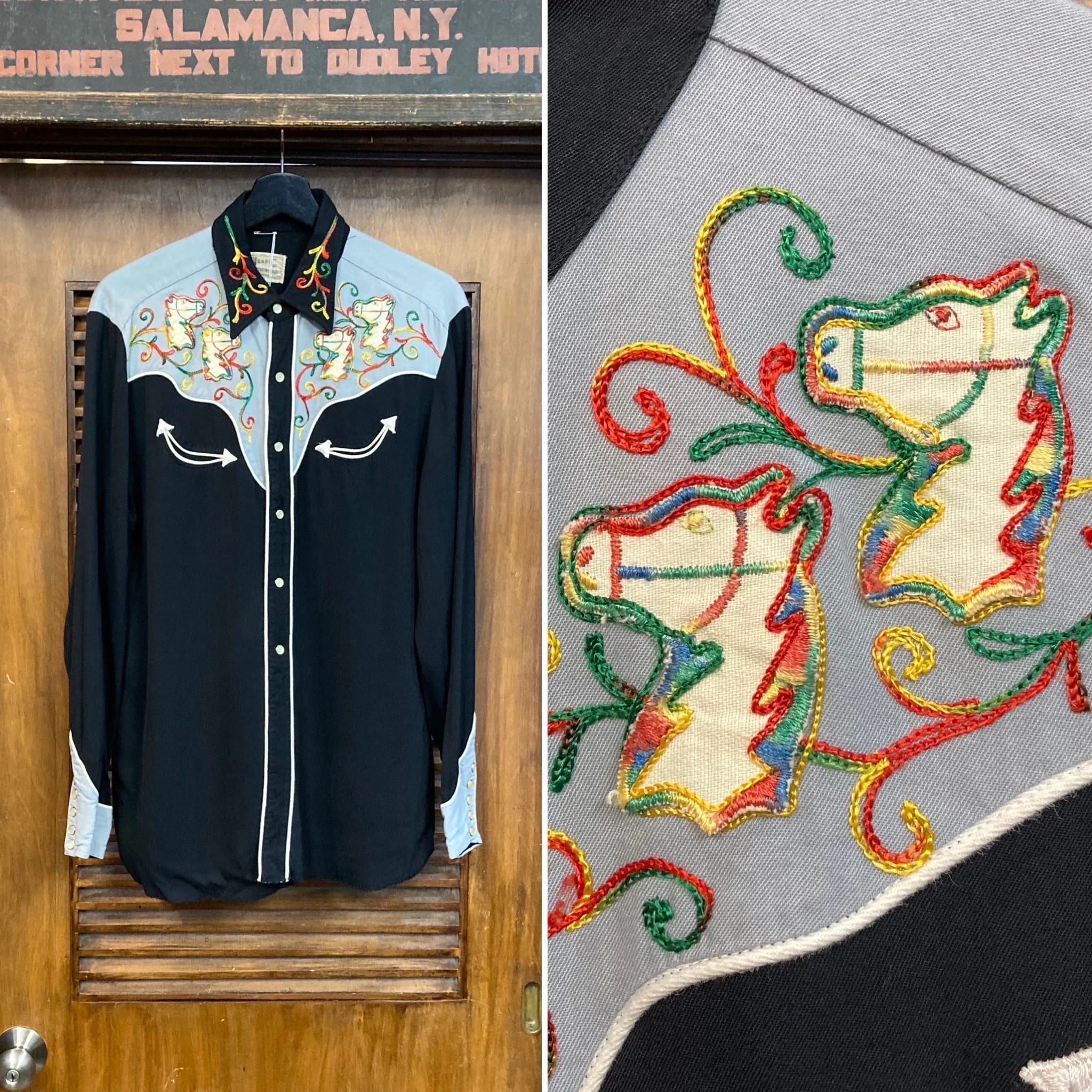 Vintage 1950’s “H Bar C” Horse Yoke Detail Rayon Gabardine Western Cowboy Rockabilly Shirt, 50’s Snap Button Shirt, Vintage Clothing