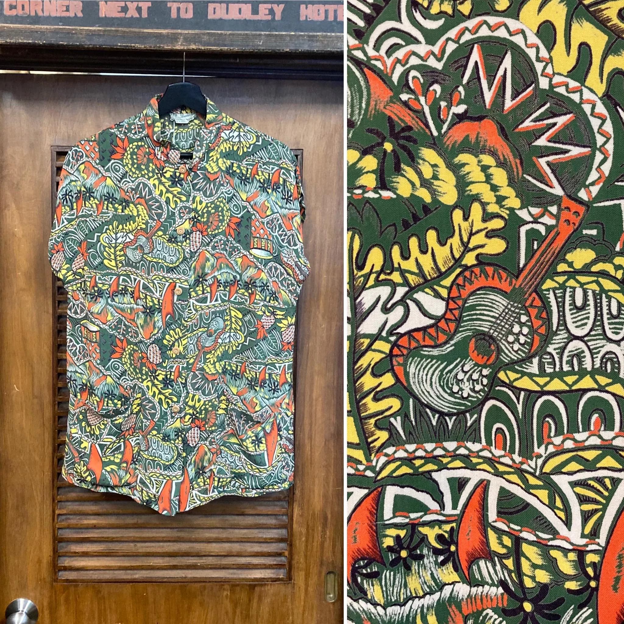 Vintage 1940’s Tropical Ukelele Pineapple Silky Rayon Tiki Teatimer Hawaiian Shirt Blouse, 1940’s Shirt, 1950’s Shirt