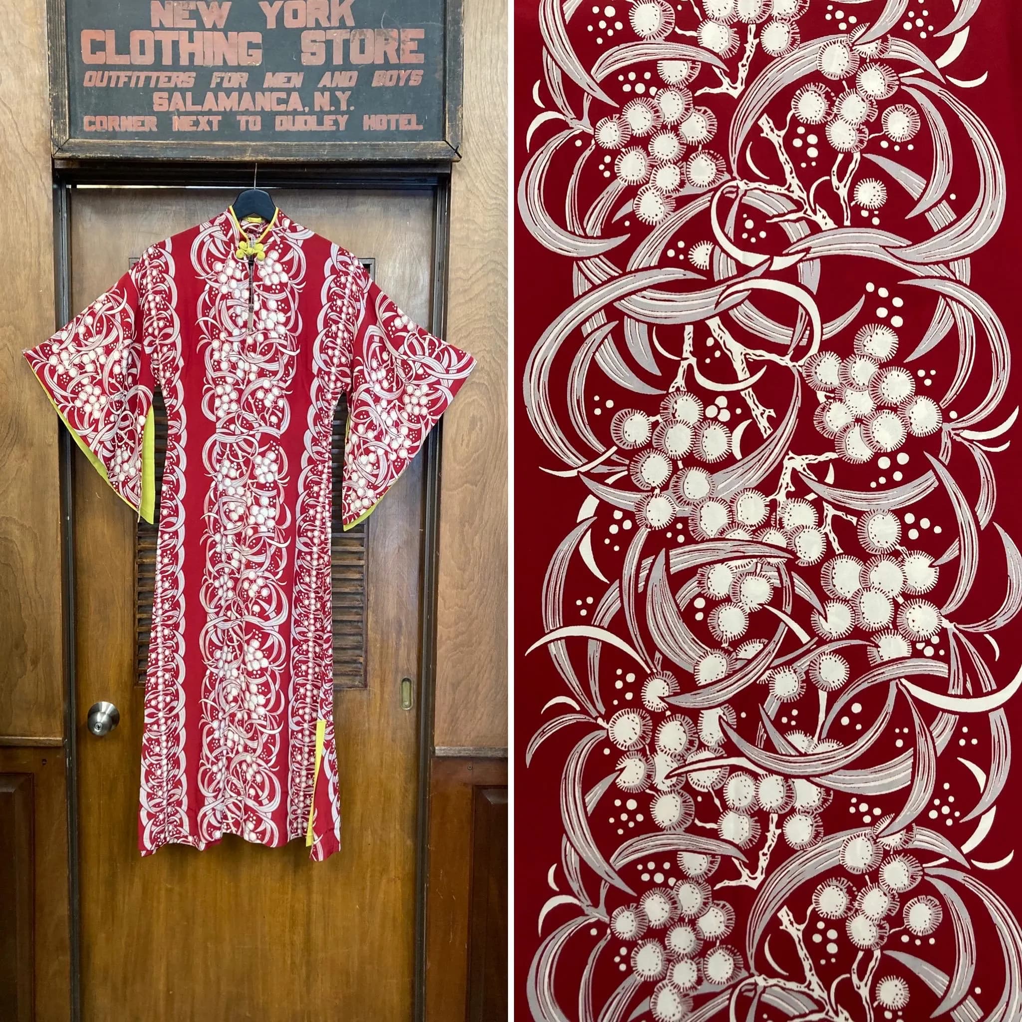Vintage 1940’s Malihini Atomic Tropical Silky Rayon Tiki Pake Muu Batwing Sleeve Hawaiian Dress, Pake Muu, 1940’s Hawaiian Dress, Rayon,