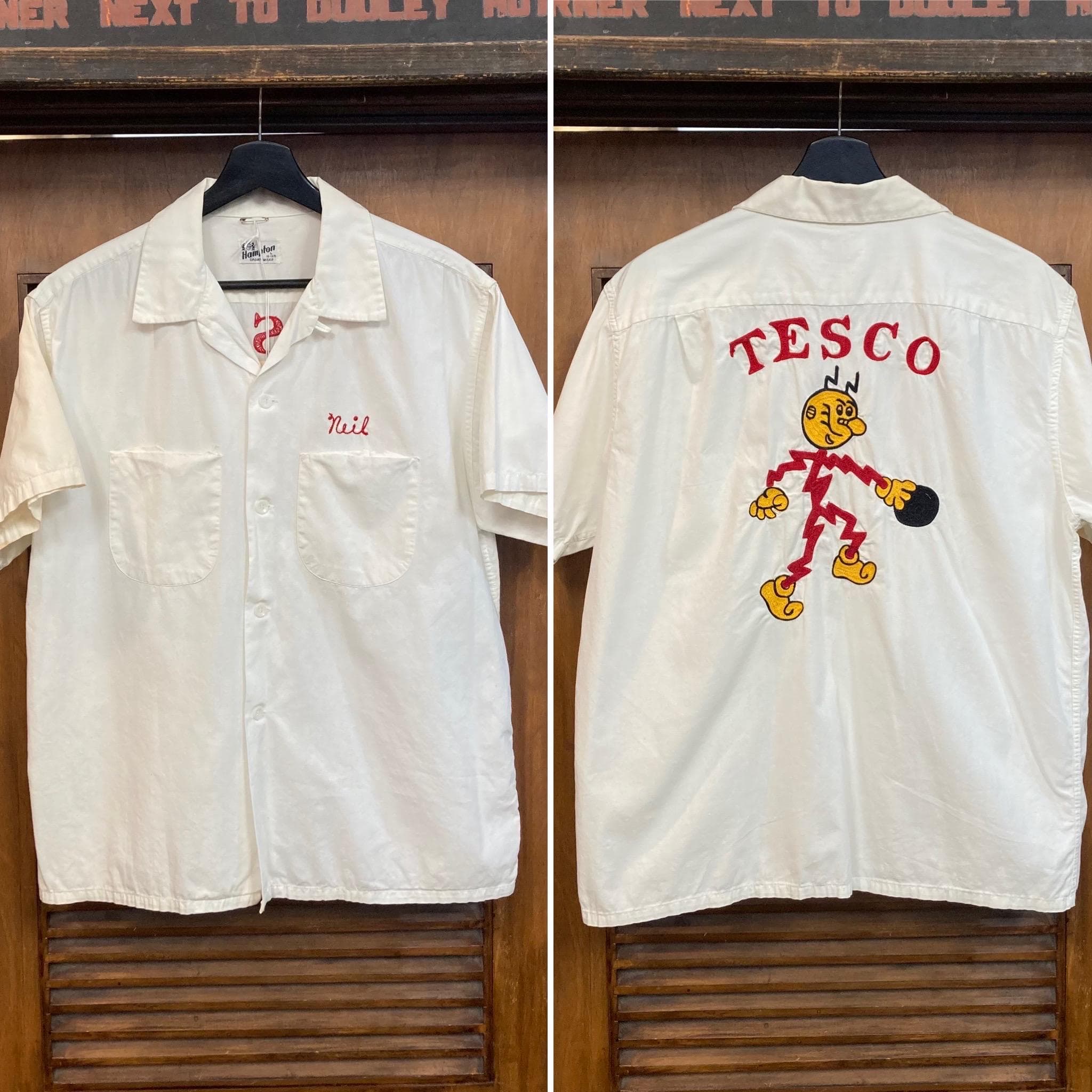 Vintage 1950’s Original Reddy Kilowatt Embroidered Cotton Bowling Work Shirt, Loop Collar, 1950’s Shirt