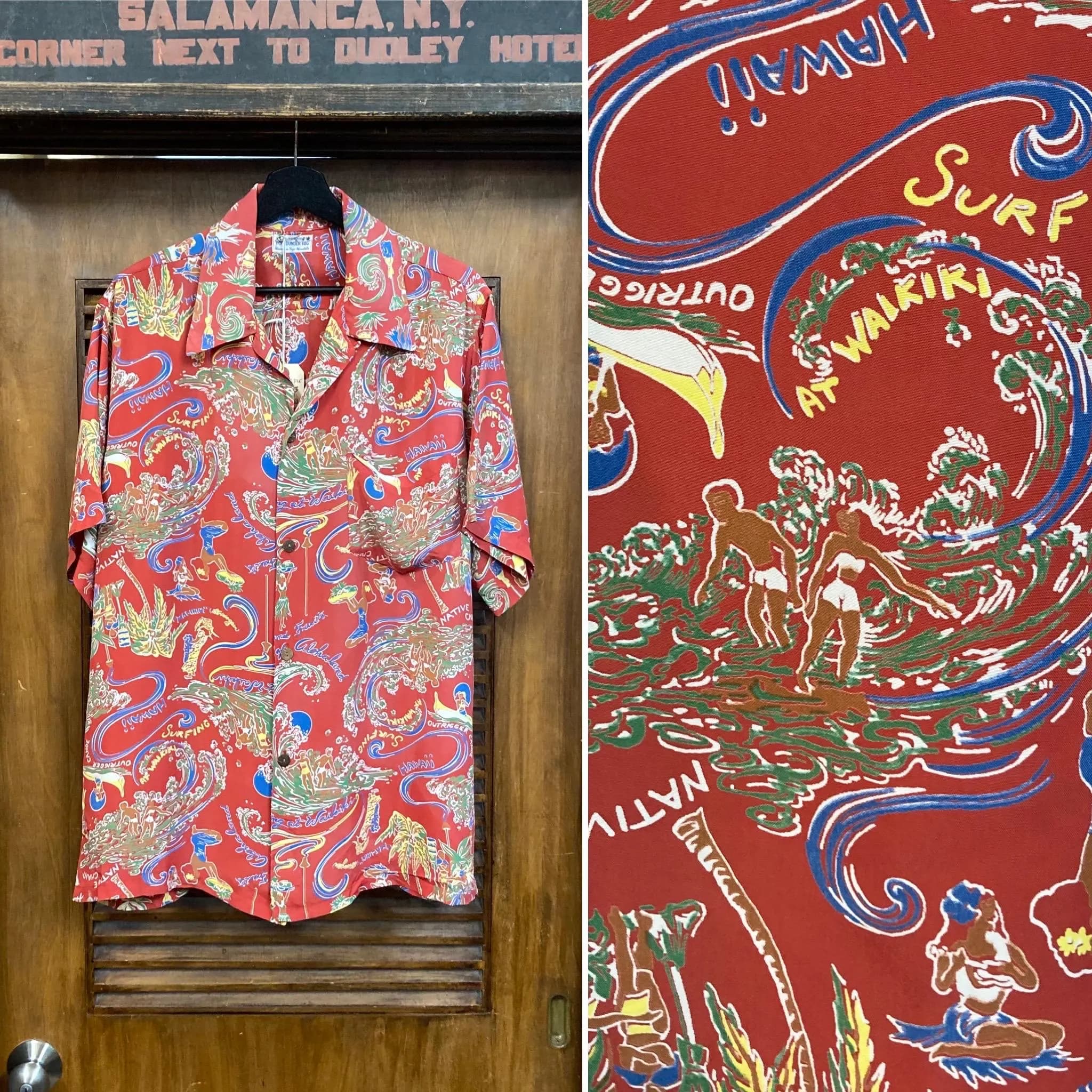 Vintage 1940’s Size L Cartoon Hula Girl x Surfer Rayon Hawaiian Shirt, Original, Big Size, 40’s Vintage Clothing