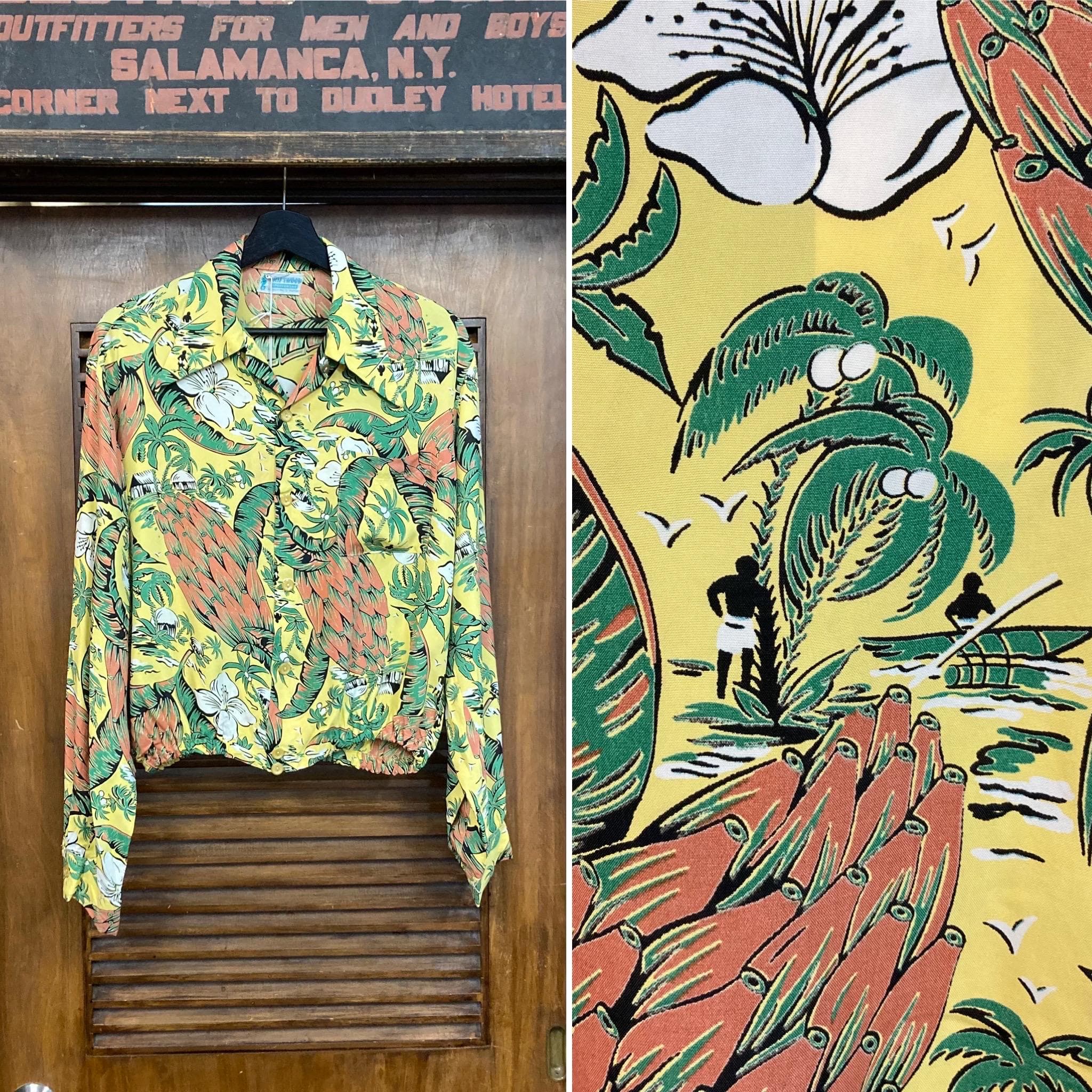 Vintage 1940’s “Driftwood” Banana Atomic Long Sleeve Silky Rayon Tiki Hawaiian Shirt, Shirt-Jac Style, Elastic Waist, 40’s Vintage Clothing