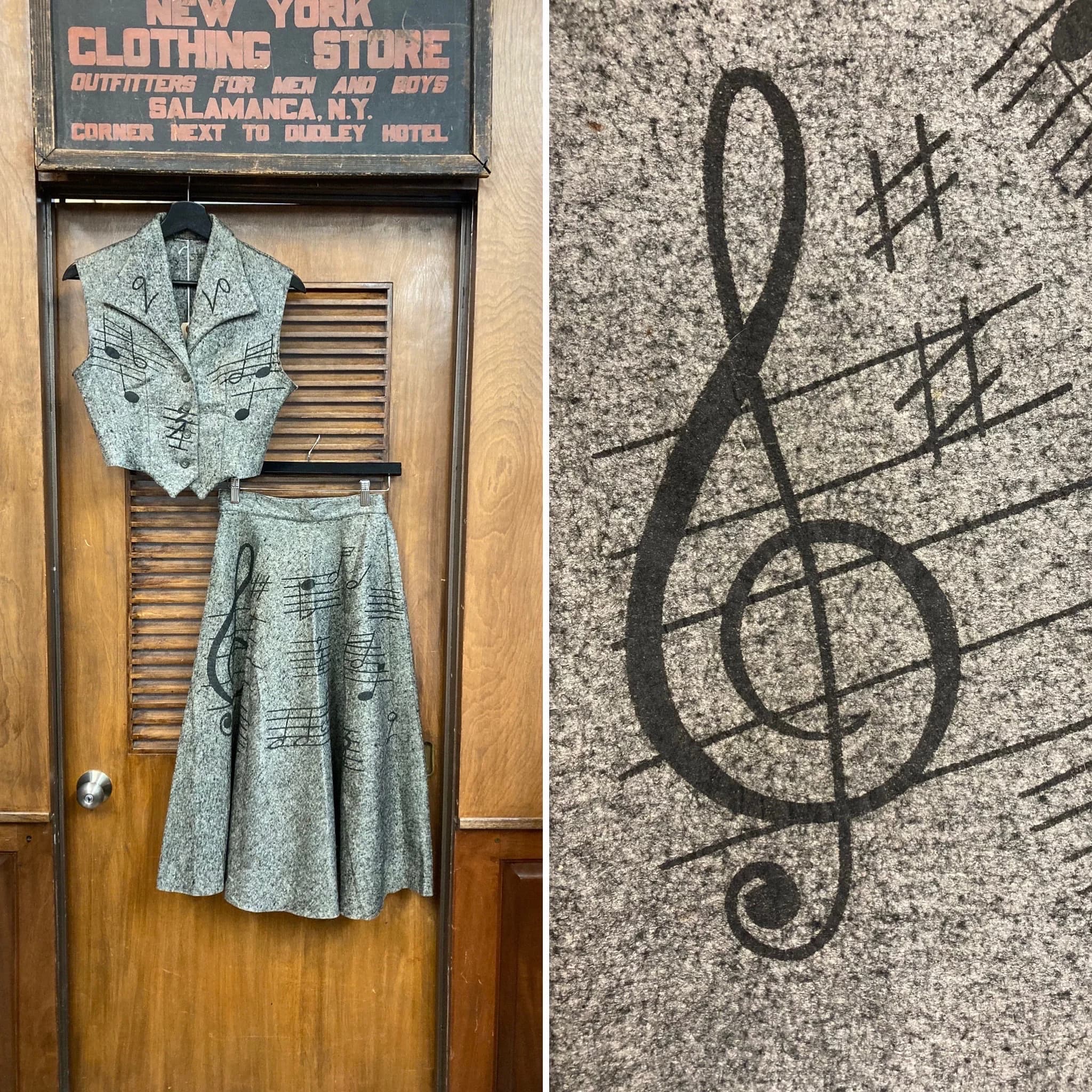 Vintage 1950’s Original Music Note Felt Rockabilly Two Piece Outfit Set, Vest & Circle Skirt, 1950’s 2 Piece Set, Music Note