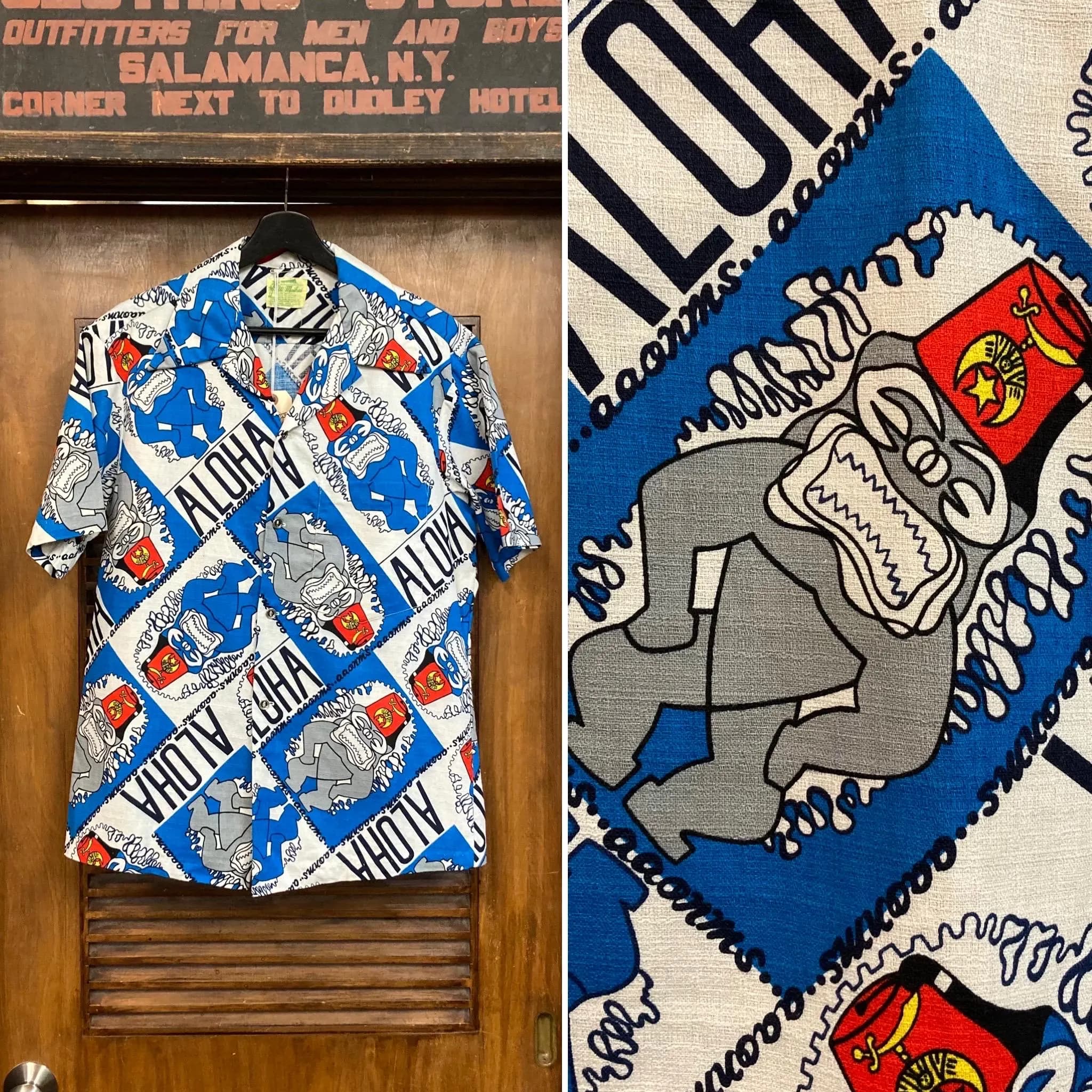Vintage 1960’s Shriner Tiki Pop Art Cartoon Barkcloth Cotton Hawaiian Shirt, Matching Pocket, 60’s Vintage Clothing