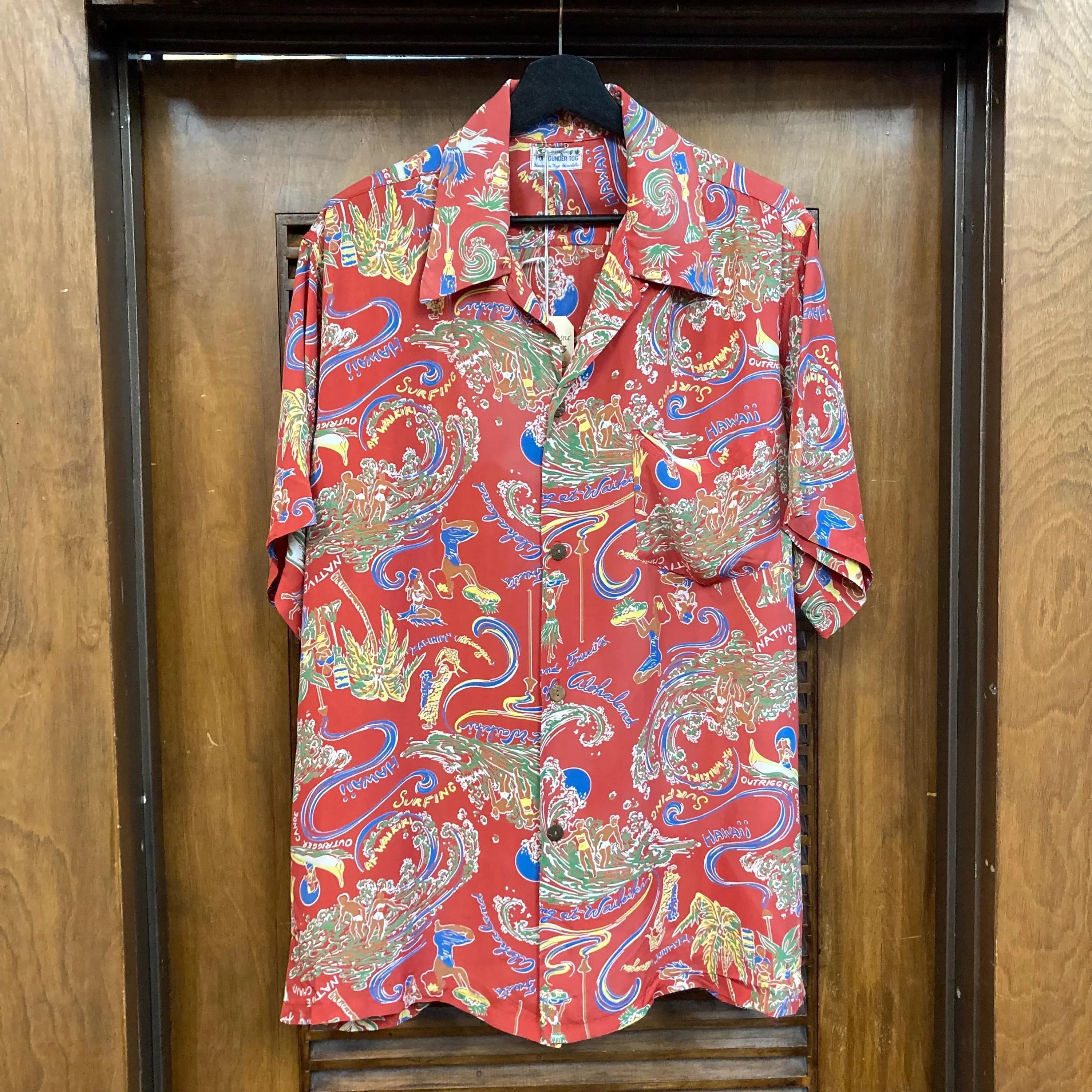 Vintage 1940’s Size L Cartoon Hula Girl x Surfer Rayon Hawaiian Shirt, Original, Big Size, 40’s Vintage Clothing - image 4