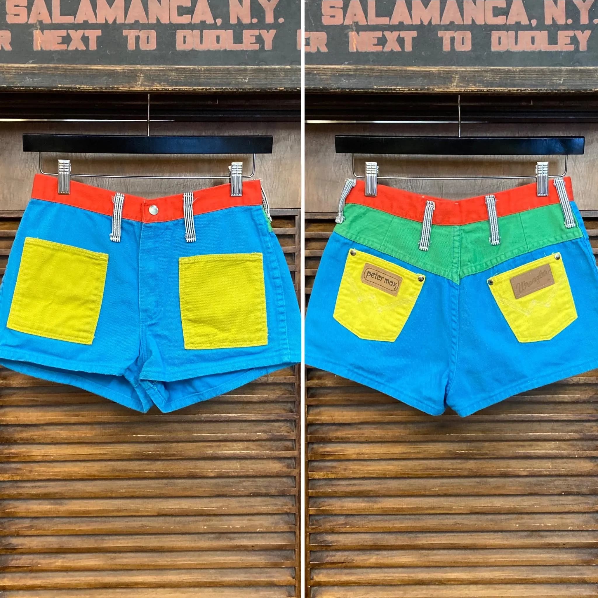 Vintage 1960’s w27 Original Peter Max Pop Art Colorblock Hippie Denim Glam Shorts Pants, 1960’s Jacket