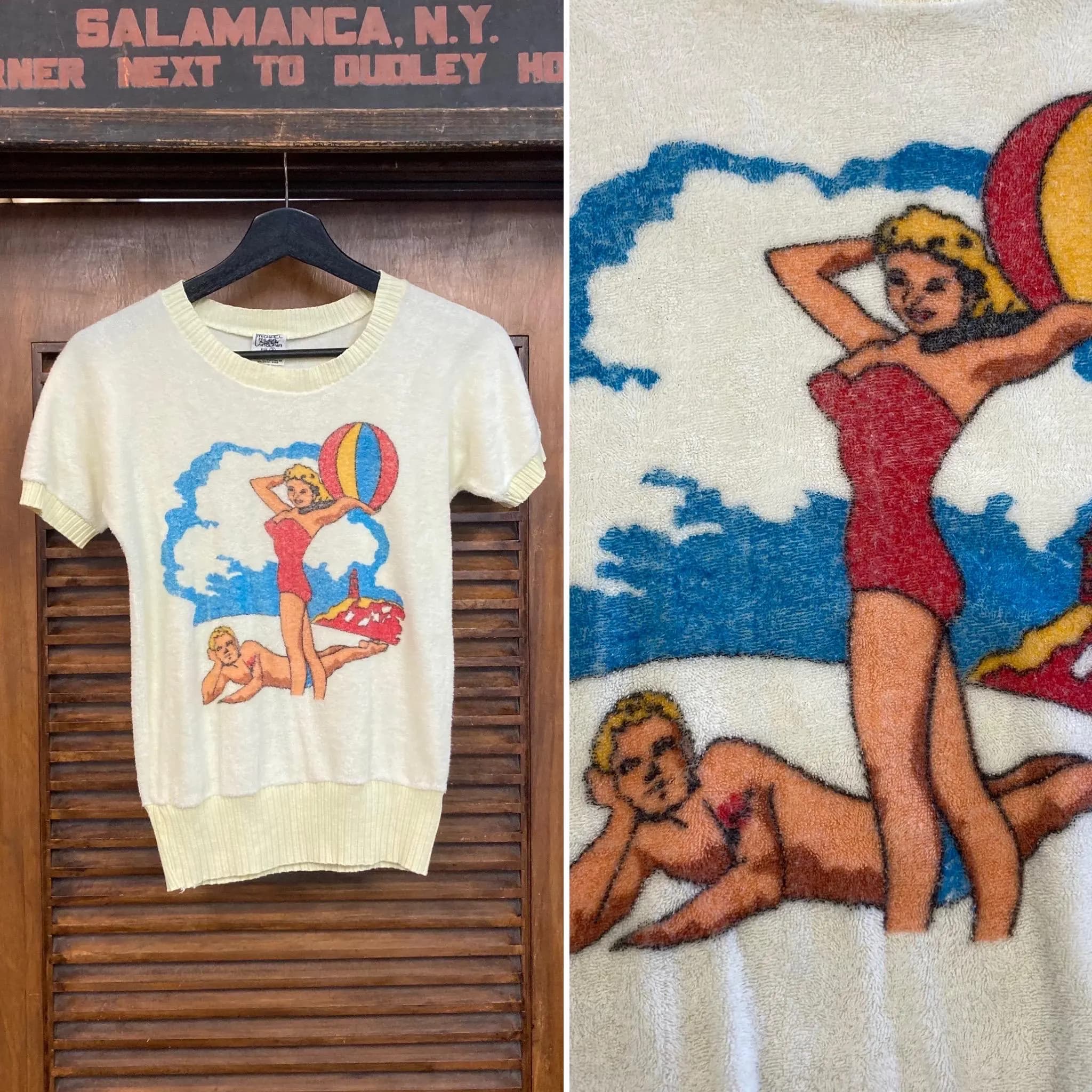 Vintage 1960’s 1950’s Style Pin Up Cartoon Terrycloth Picture Knit Rockabilly Shirt, 1960’s Shirt