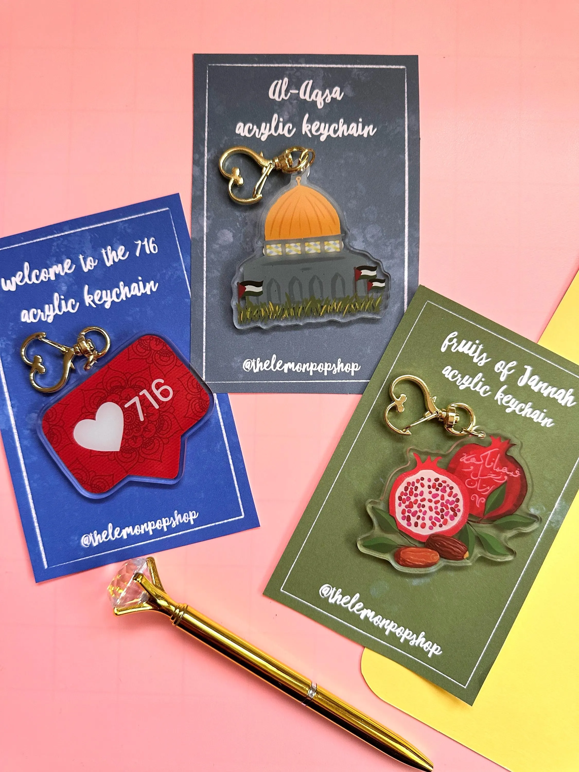 Pomegranate Acrylic Keychain | Quran Art | Islamic Art, Gold Heart Clasp - image 4