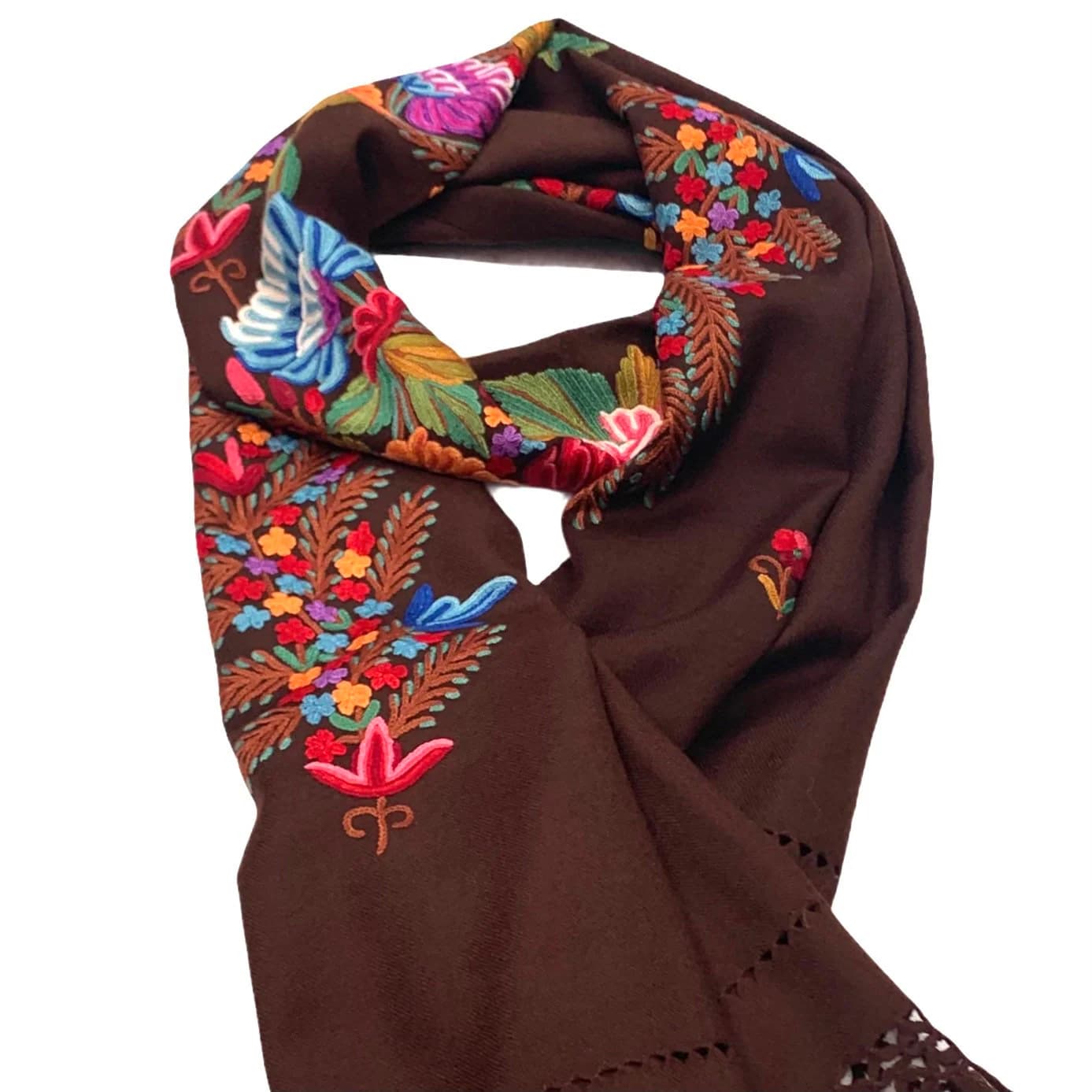 Burgundy Hand Embroidered Floral Scarf Shawl Wrap Stole 28x80 Inches - image 4
