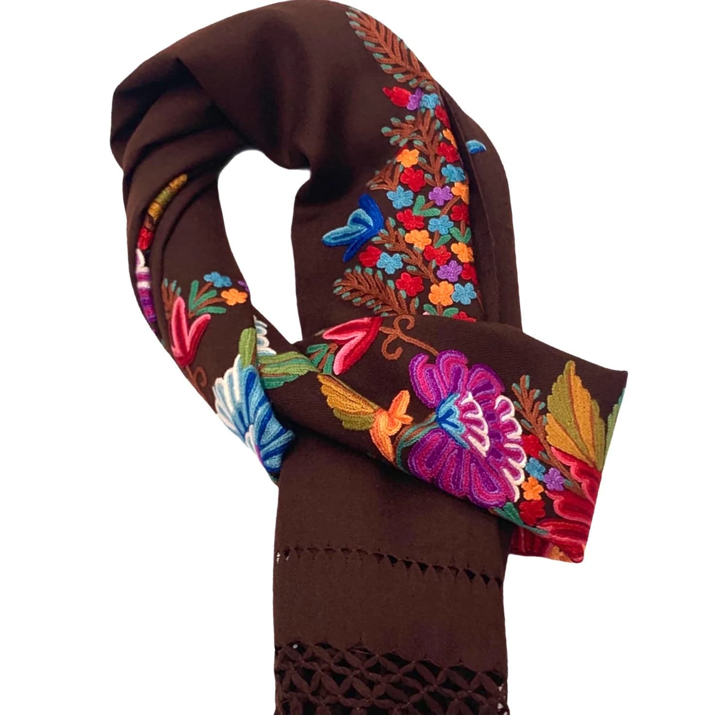 Burgundy Hand Embroidered Floral Scarf Shawl Wrap Stole 28x80 Inches - image 5