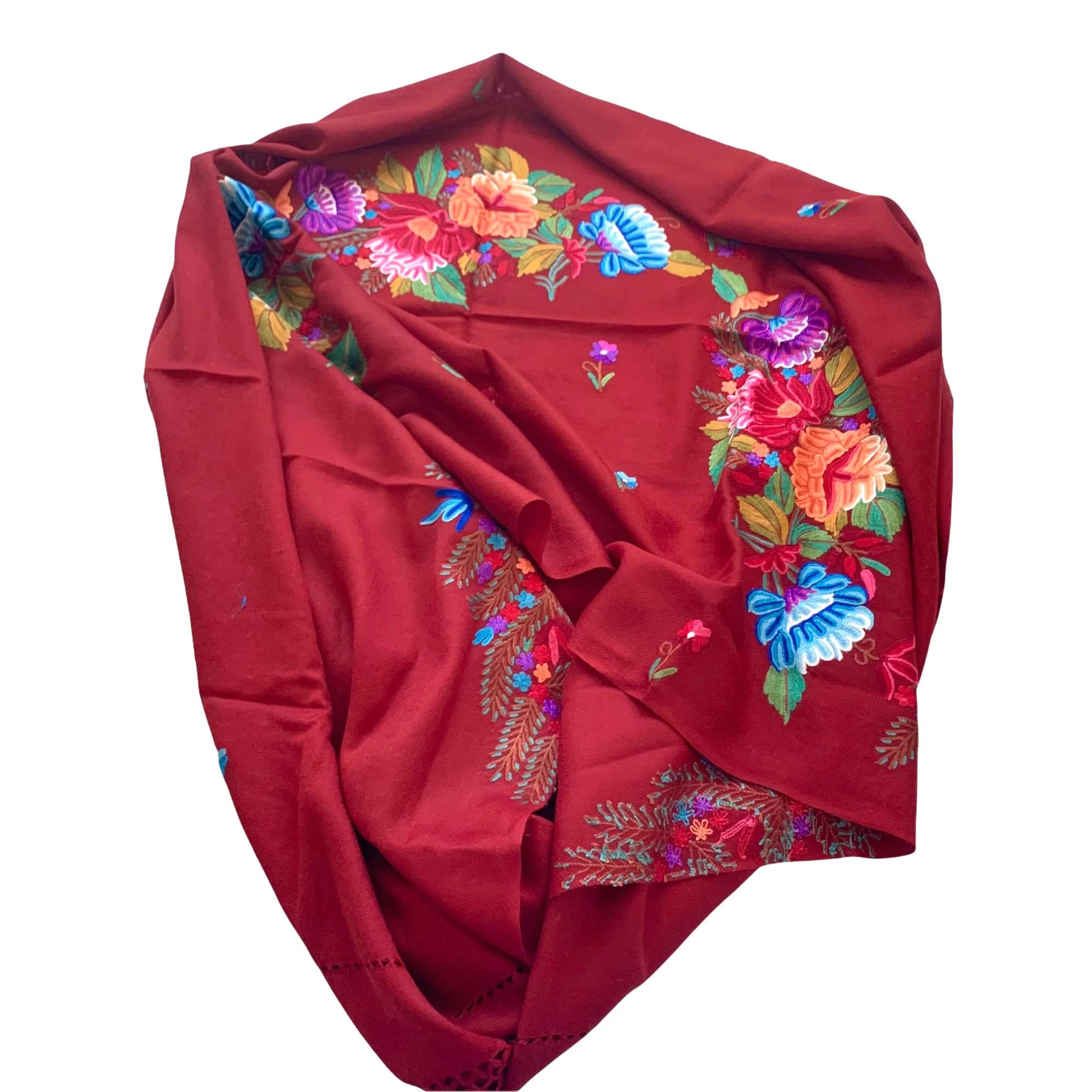 Burgundy Hand Embroidered Floral Scarf Shawl Wrap Stole 28x80 Inches - image 2