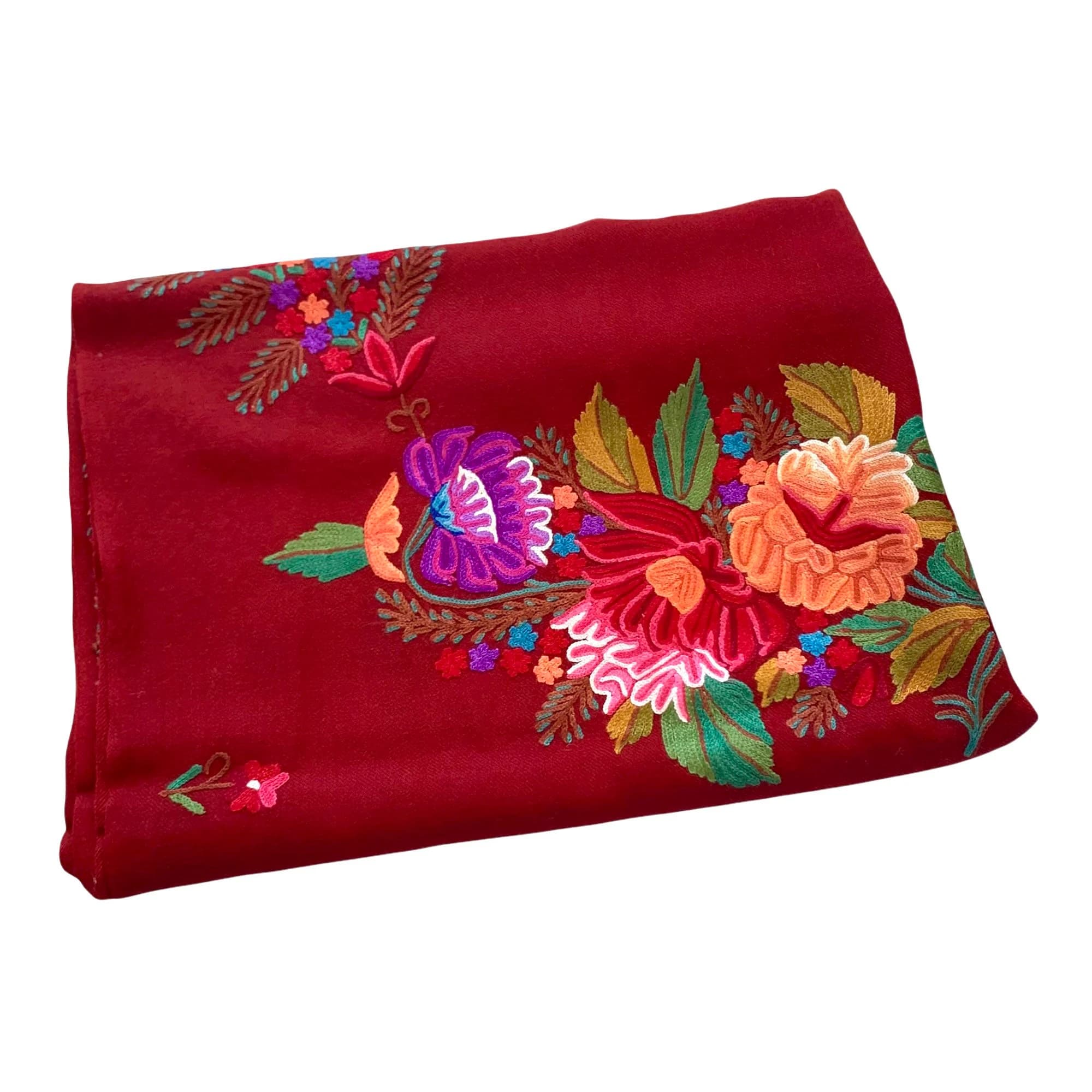 Burgundy Hand Embroidered Floral Scarf Shawl Wrap Stole 28x80 Inches - image 3