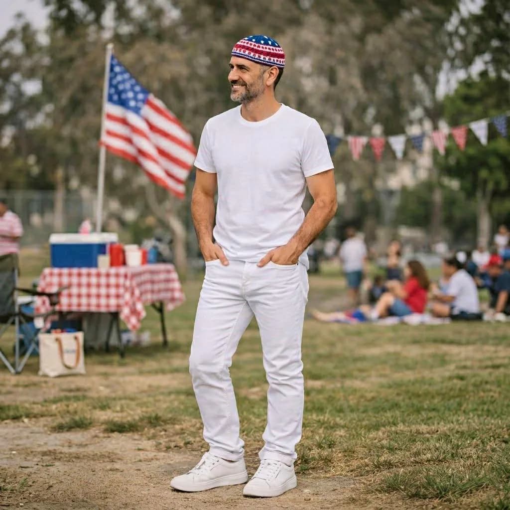 Man wearing a Holiday kippah for July 4th Judaica collection. Patriotic gift for him. Full look with Red white and blue accessories. Americana Independence Day gift for him.