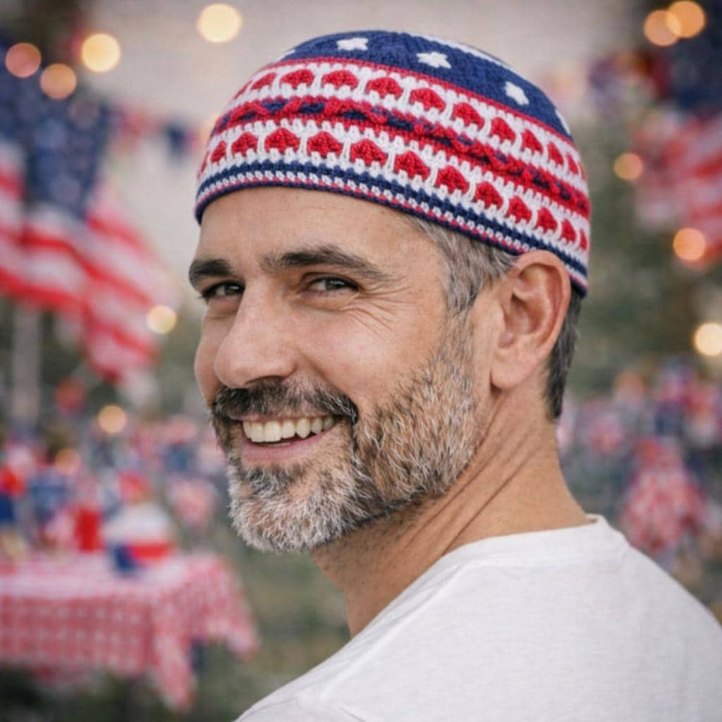 a man in a Handmade patriotic kippah for men with stars and stripes. Ideal Independence Day hat for celebrations.