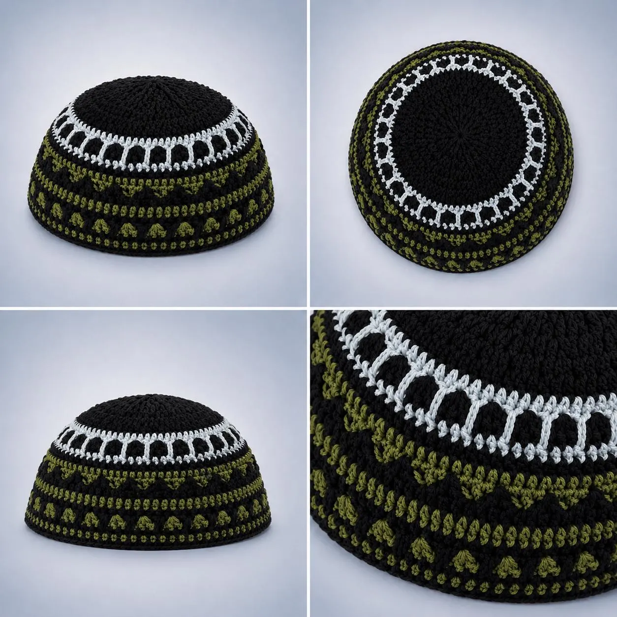 Handmade Bukharian kippah | XL textured crochet yarmulke | Black and olive Jewish kippot | Jewish head covering | Gift for men and boys - image 4