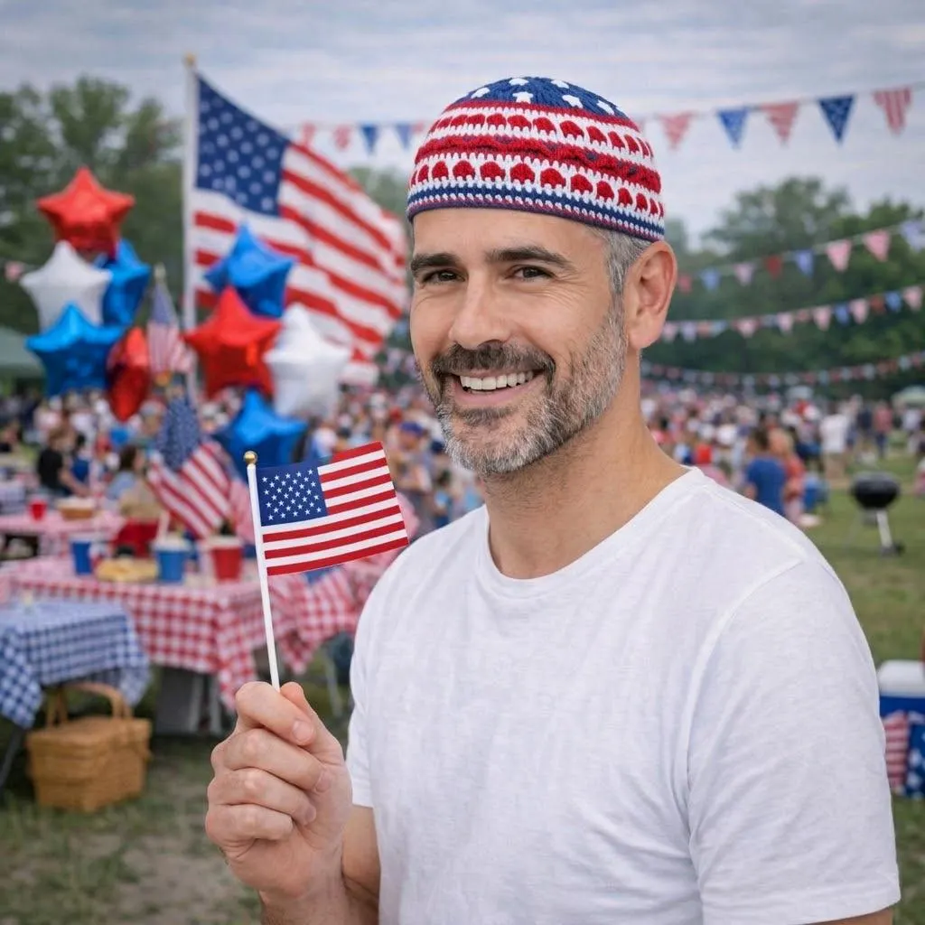 Smiling man in Zionist USA style 4th of july hat holding an American flag.