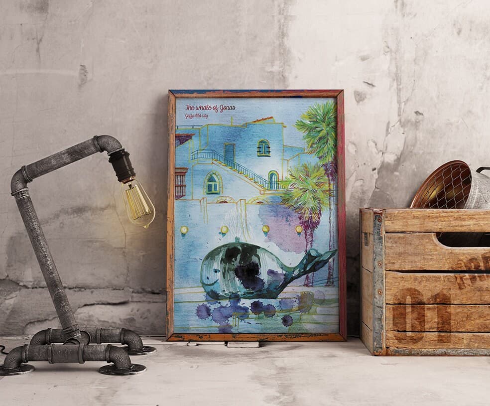 Whale, Jonas, Bible, Jaffa, Yafo, old city, Israel, Fountain, Rempart, Architecture. Watercolour, Pencils. Art print, Poster, illustration - image 4