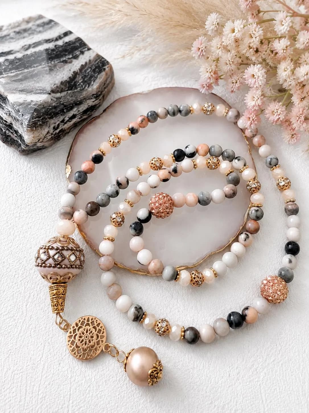 Zebra Jasper BLUSH Semi precious, natural stone 99 bead Tasbih/ Tasbeeh.