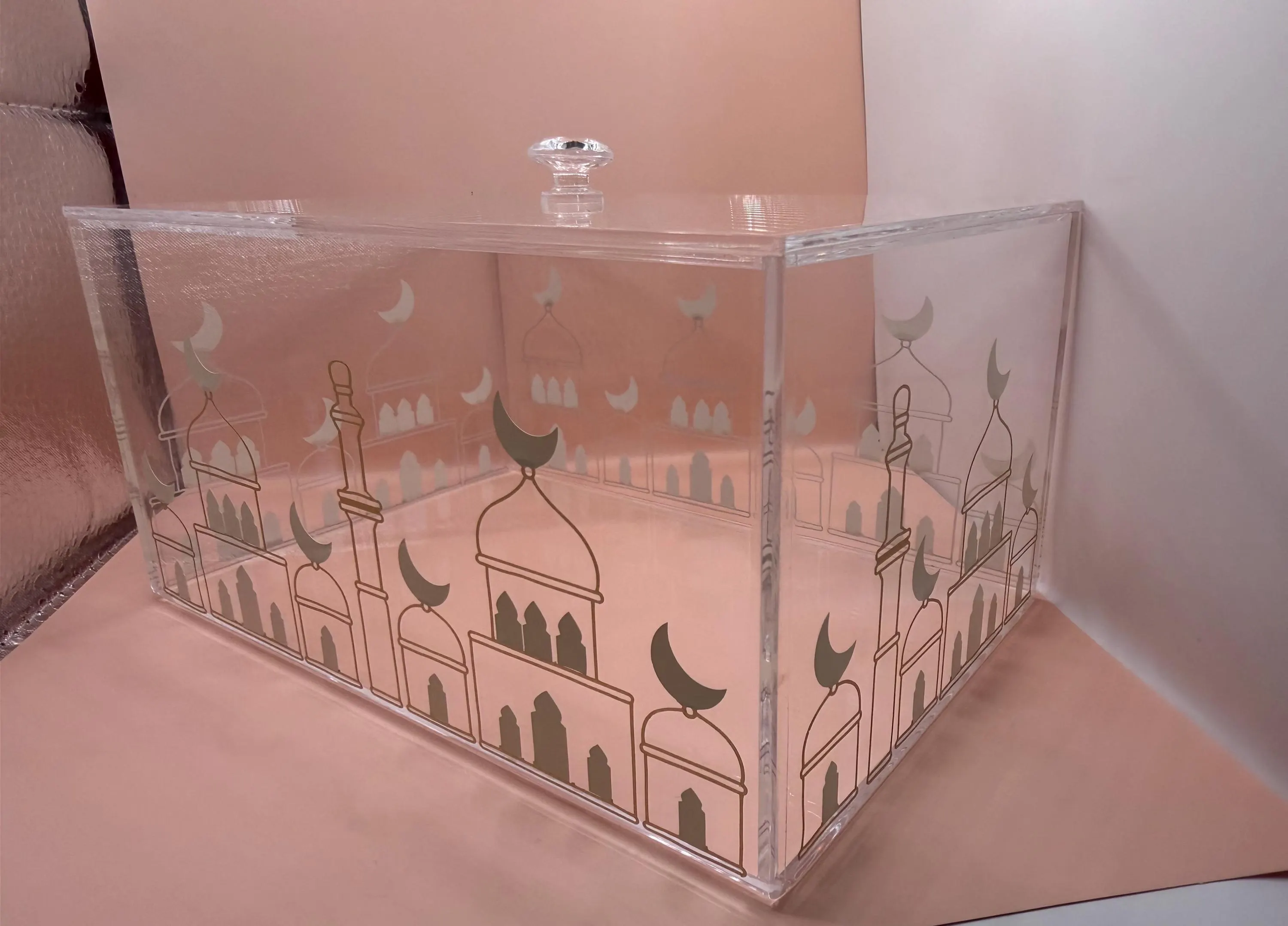 Clear acrylic box with golden and beige mosque design Ramadan and Eid decor, Islamic home decor - image 3