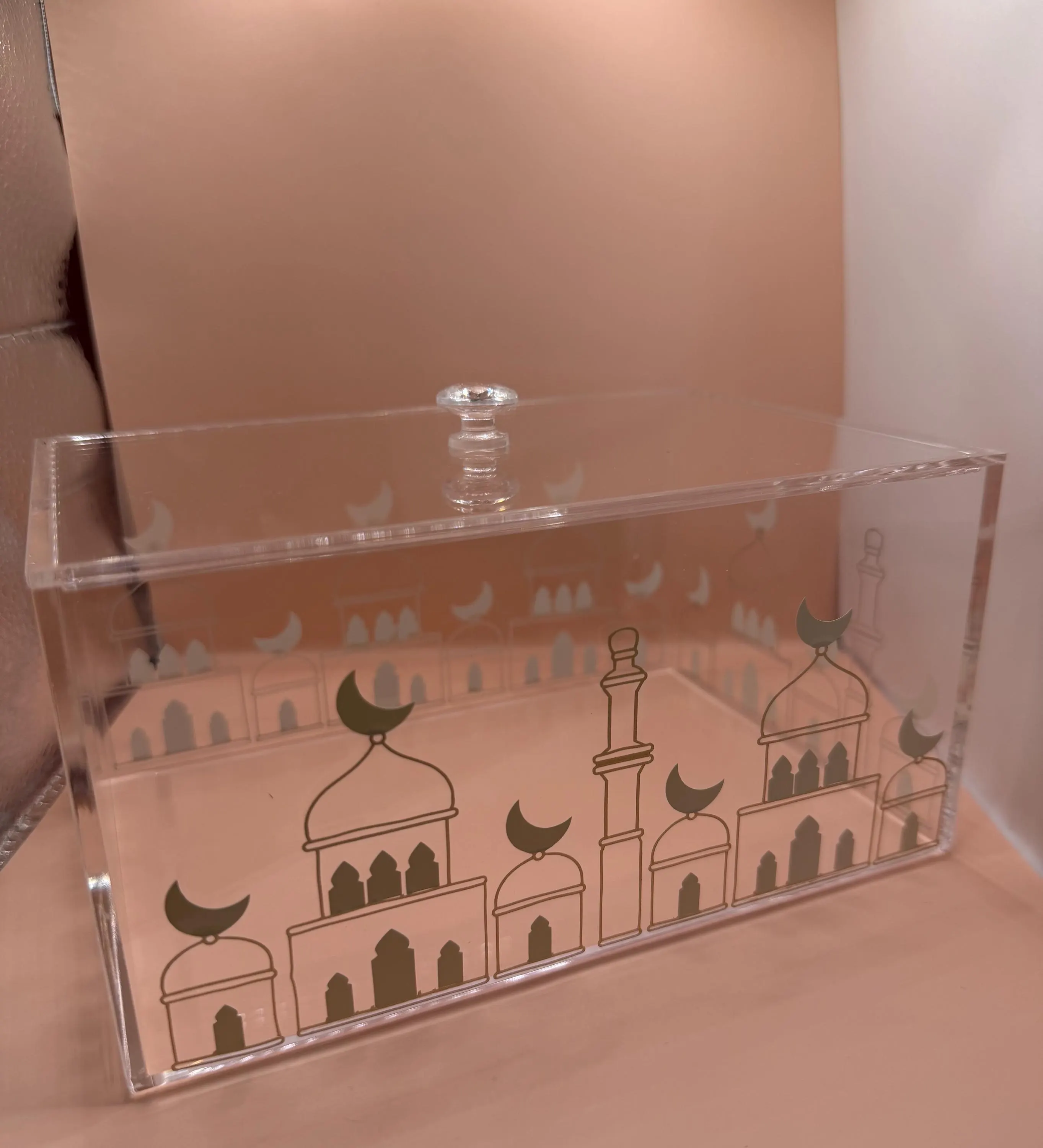 Clear acrylic box with golden and beige mosque design Ramadan and Eid decor, Islamic home decor - image 4