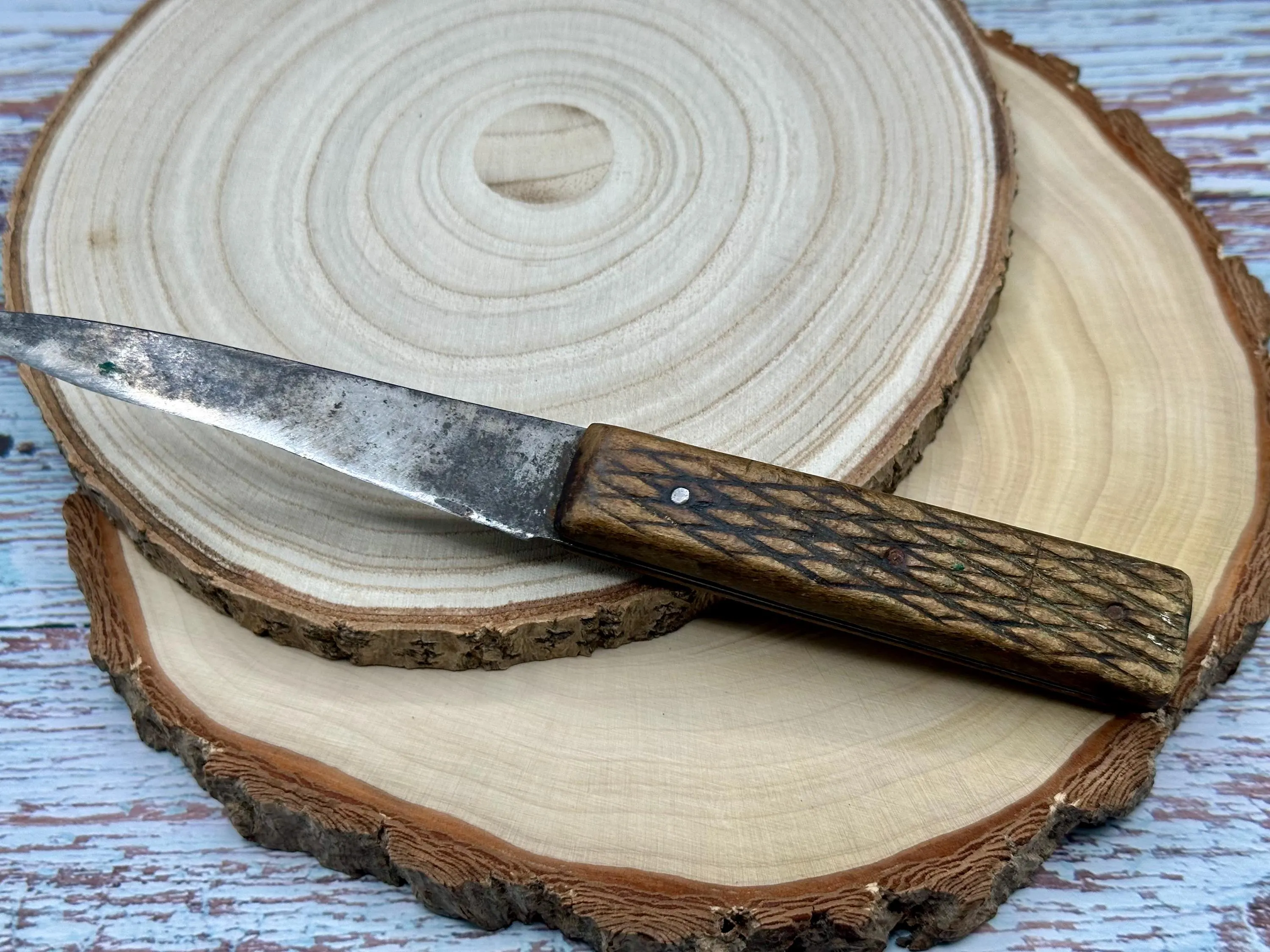 Vintage Carbon Steel Paring Knife, 1950s Textured Wood Handle, Primitive Farmhouse Cutlery - image 3