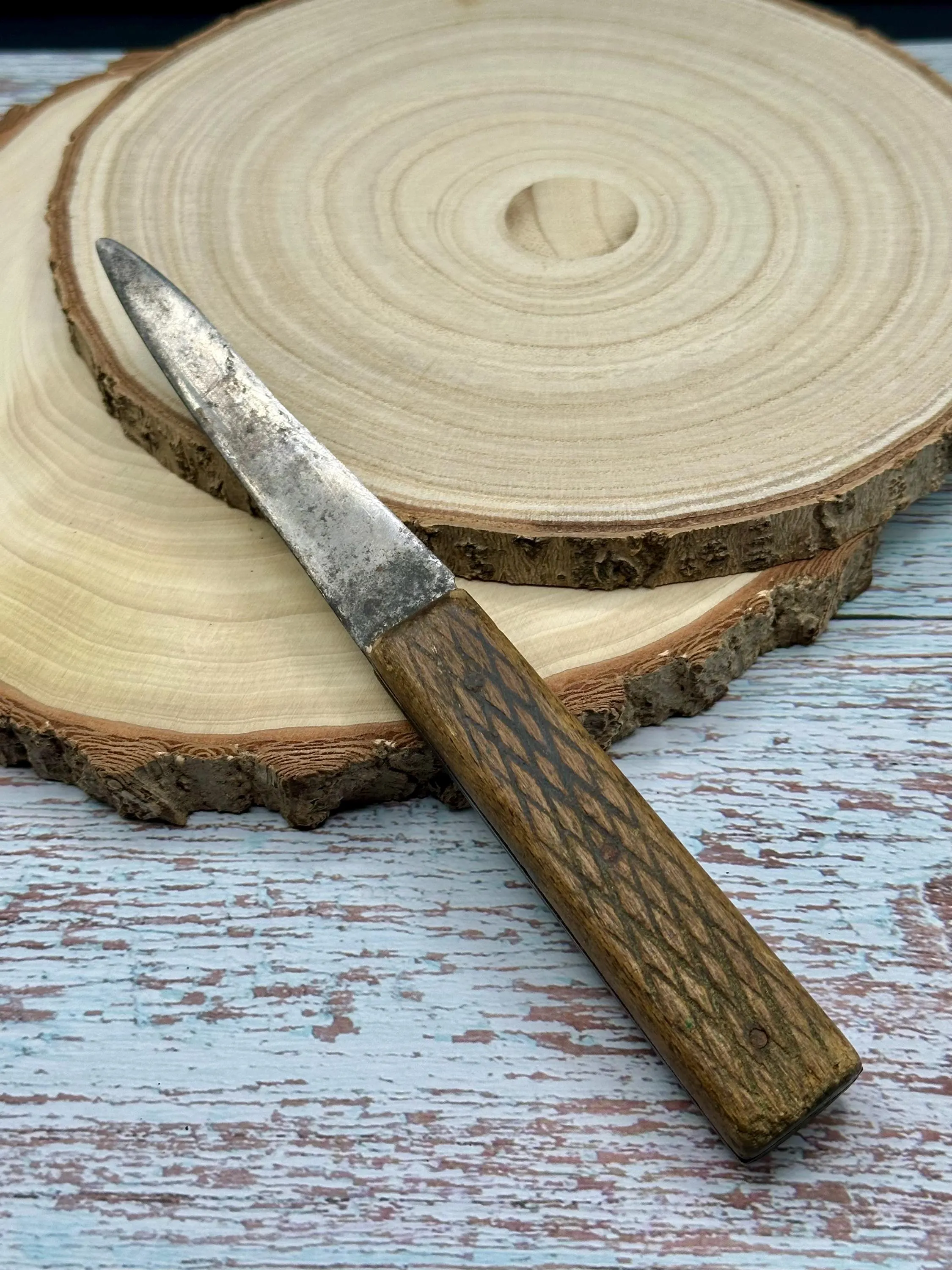 Vintage Carbon Steel Paring Knife, 1950s Textured Wood Handle, Primitive Farmhouse Cutlery - image 5