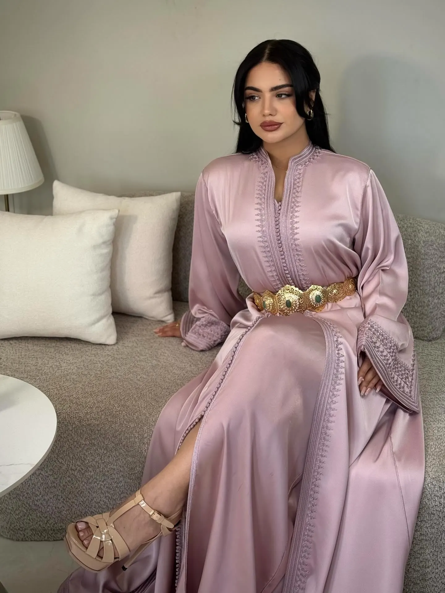 Blush Pink Moroccan Caftan – Elegant Satin Kaftan Dress with Handmade Embroidery & Gold Belt, Wedding Guest Evening Gown - Arabic Dress - image 5