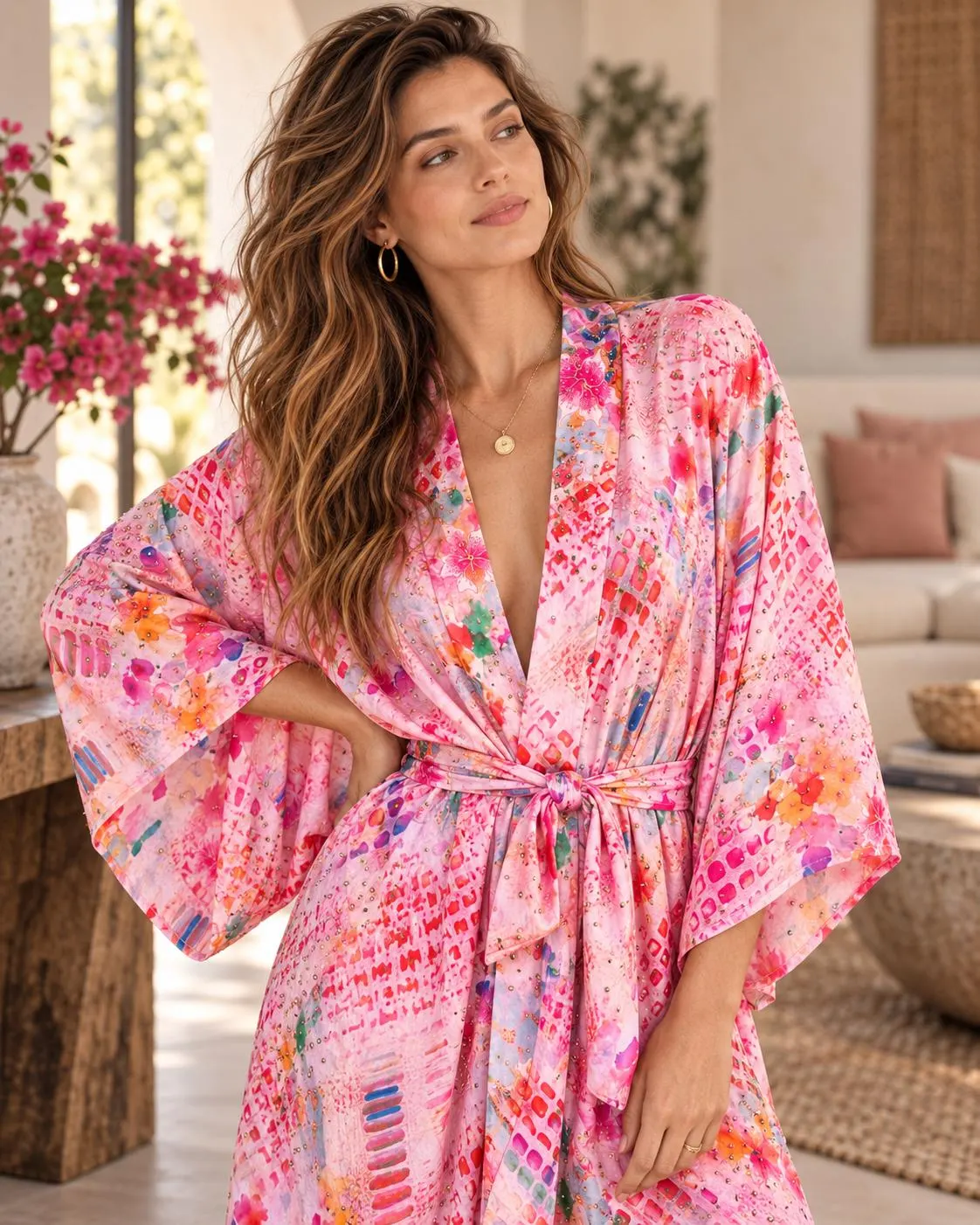 Pink Floral Kimono Robe, Long Viscose Dressing Gown, Luxury Women’s Kaftan, Colorful Resort Wear, Bridal Getting Ready Robe