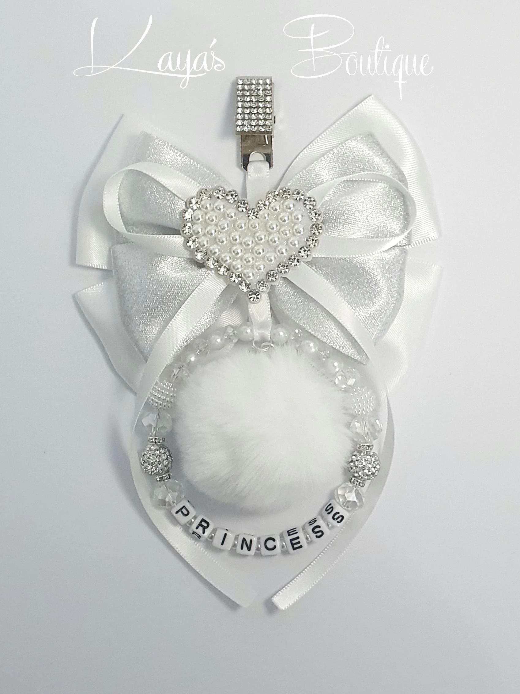 Diamanté & Pearl Heart Big Bow Romany Hanging Pram/Bag Charm New Baby White Silver Girls Pom Pom Faux Fur Ball Circle Personalised - image 5