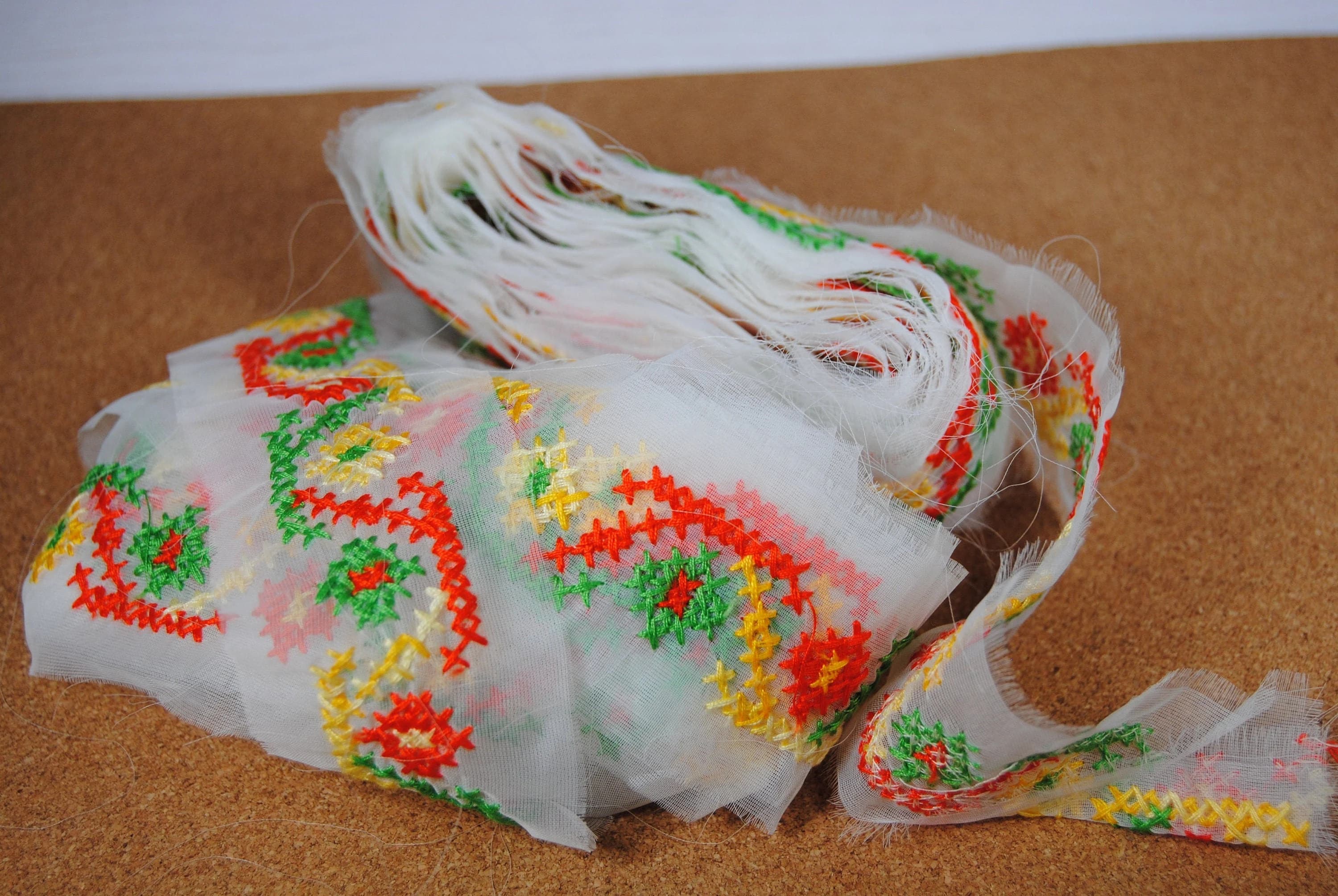 Vintage embroidered gauze trim with geometric pattern in orange, yellow and green - 2 inch wide trim or embellishment - New old stock