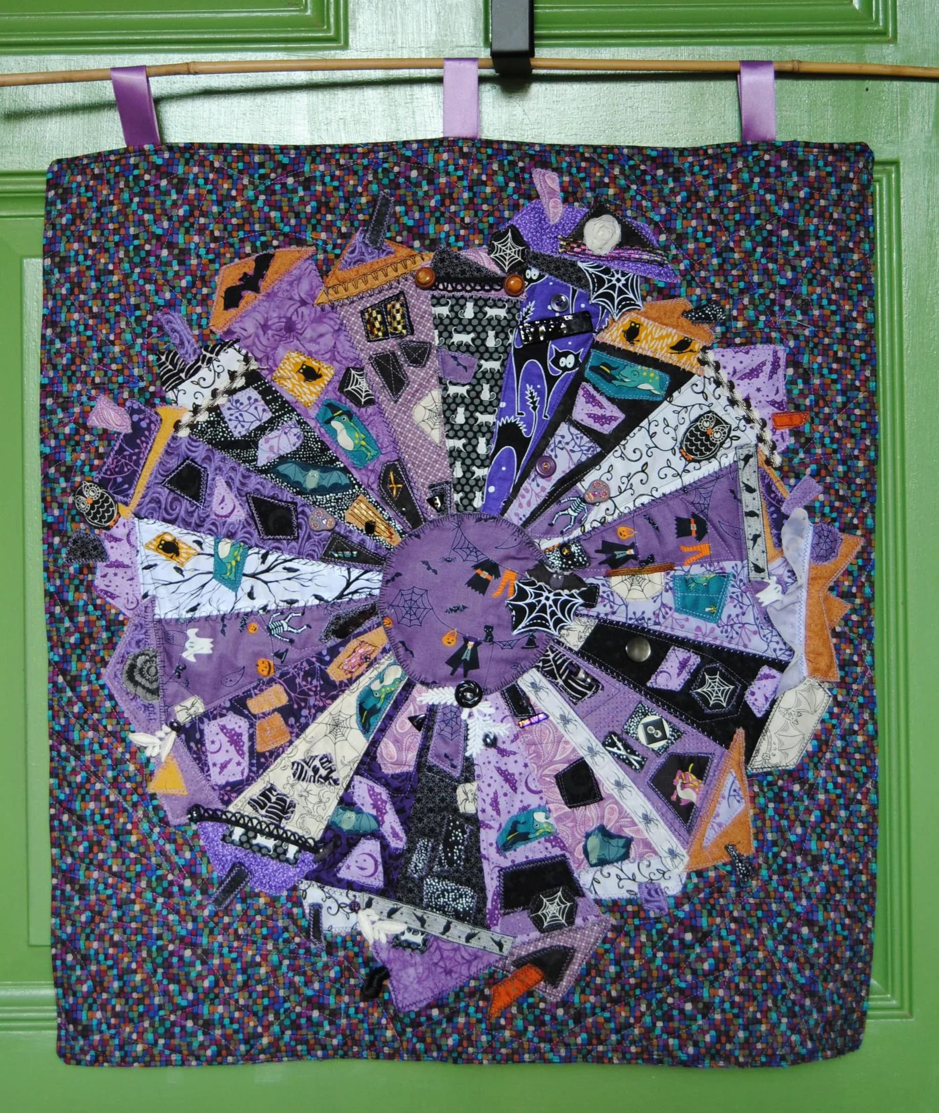 Handmade Halloween wall hanging in shades of purple - One of a kind wonky neighborhood haunted houses - Quilted art wall hanging