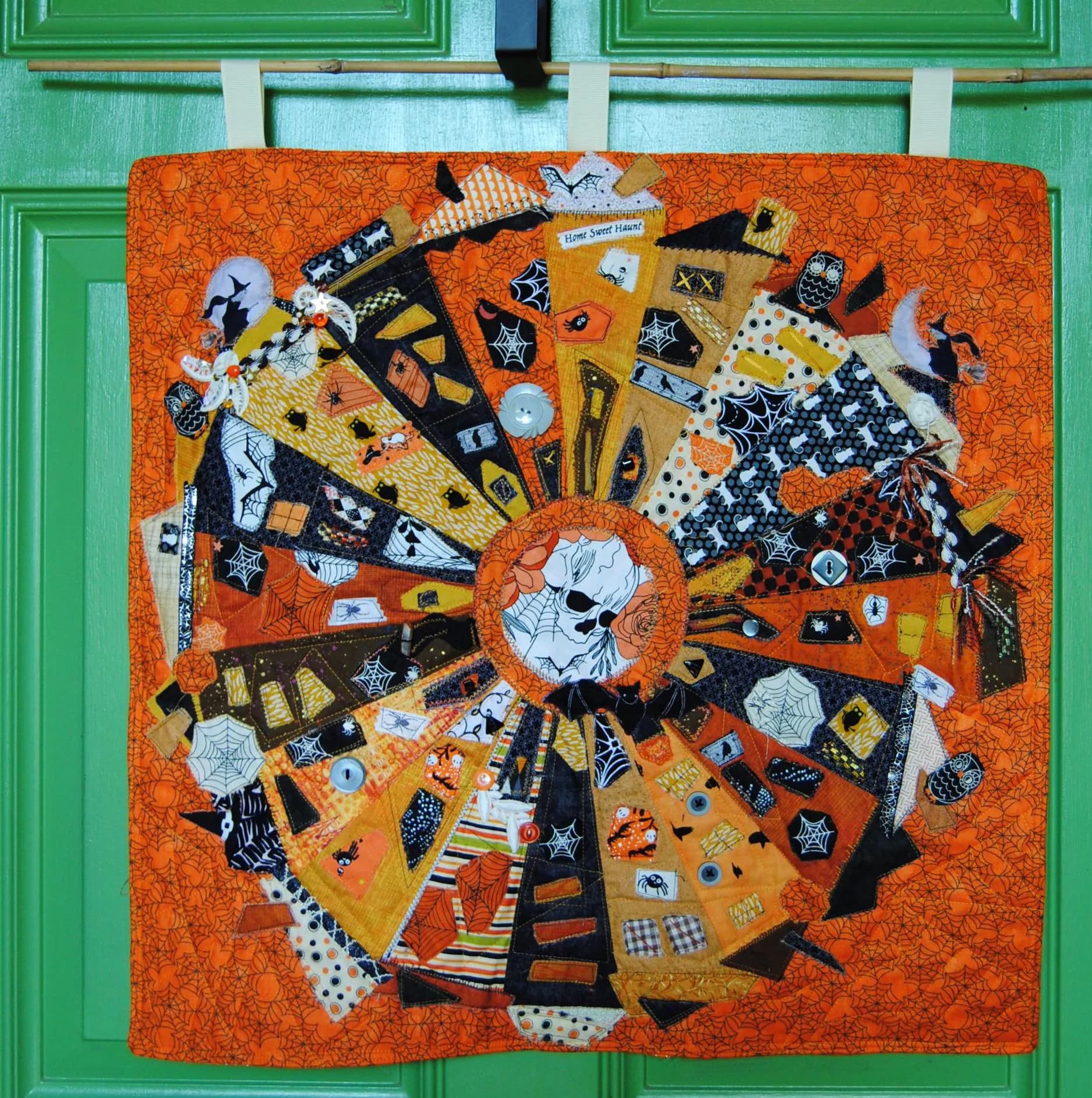 Handmade quilted Halloween wall hanging - Haunted house - Wonky neighborhood - Orange and black with witches and spiders