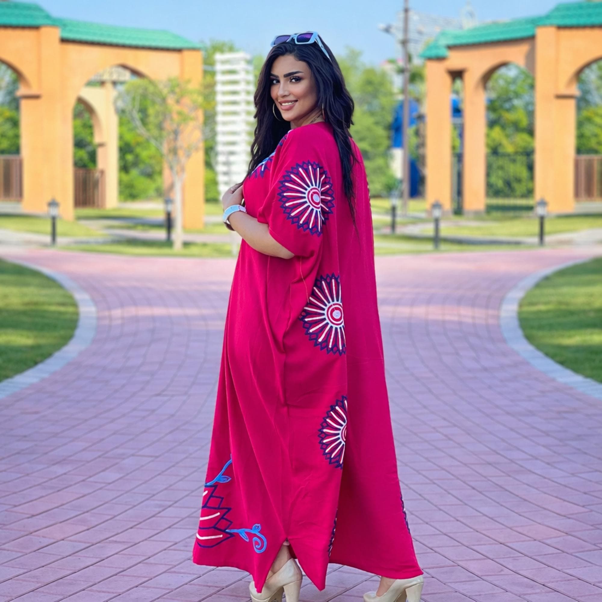 Women Linen Kaftan Full Length Embroidery Abaya, Loose Fit Maxi Caftan with inner belt