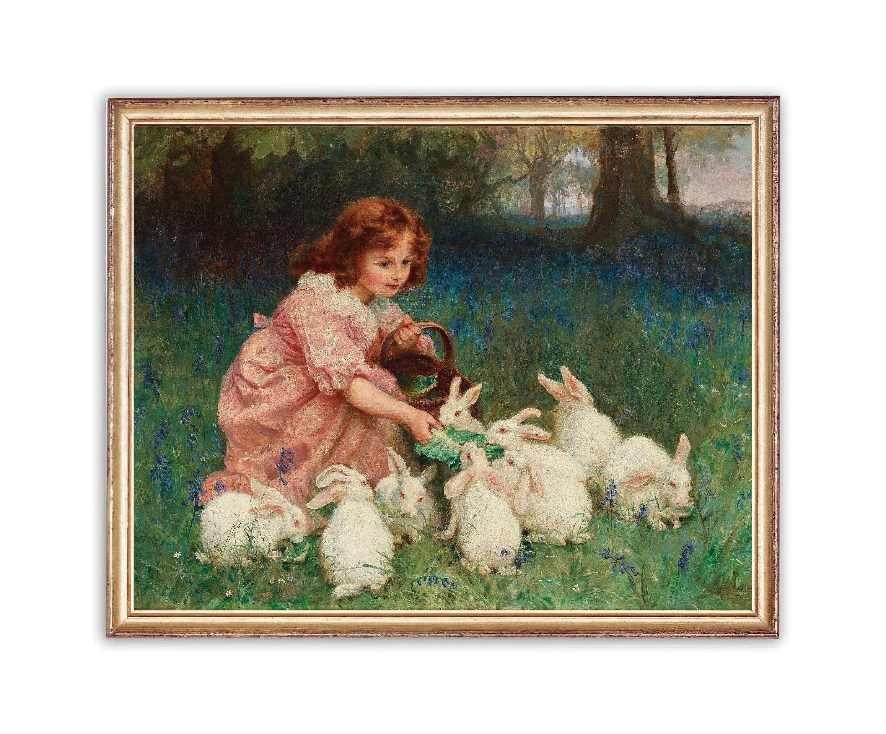 Vintage Girl Feeding Rabbits Painting | Child Animal Portrait Artwork | Kid Garden Bunny Poster | 19th Century Art Print | PRINTABLE Art
