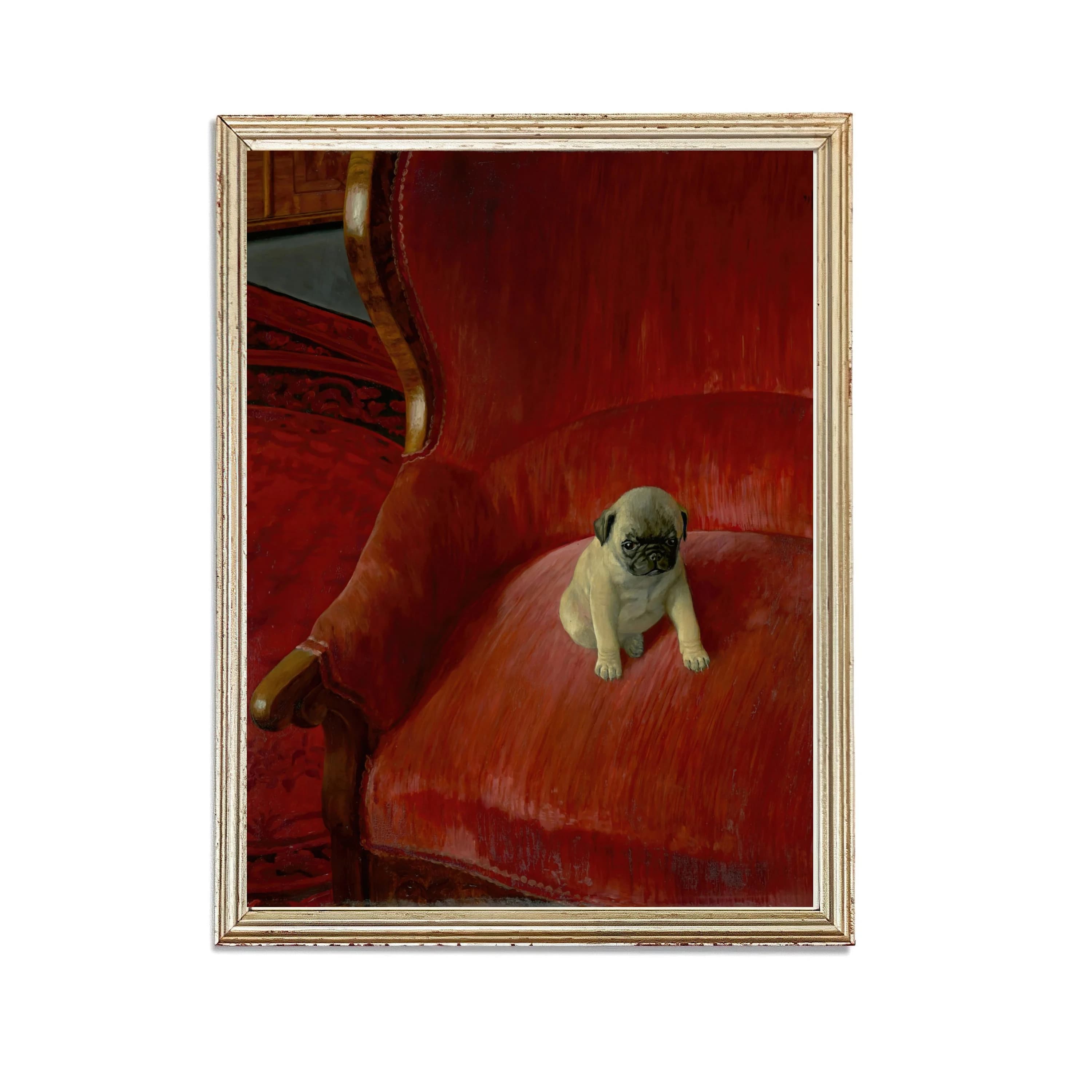 Vintage Animal Portrait Painting | Antique Dog on Red Chair Artwork | Classic Pug Poster | 19th Century Art Print | PRINTABLE art