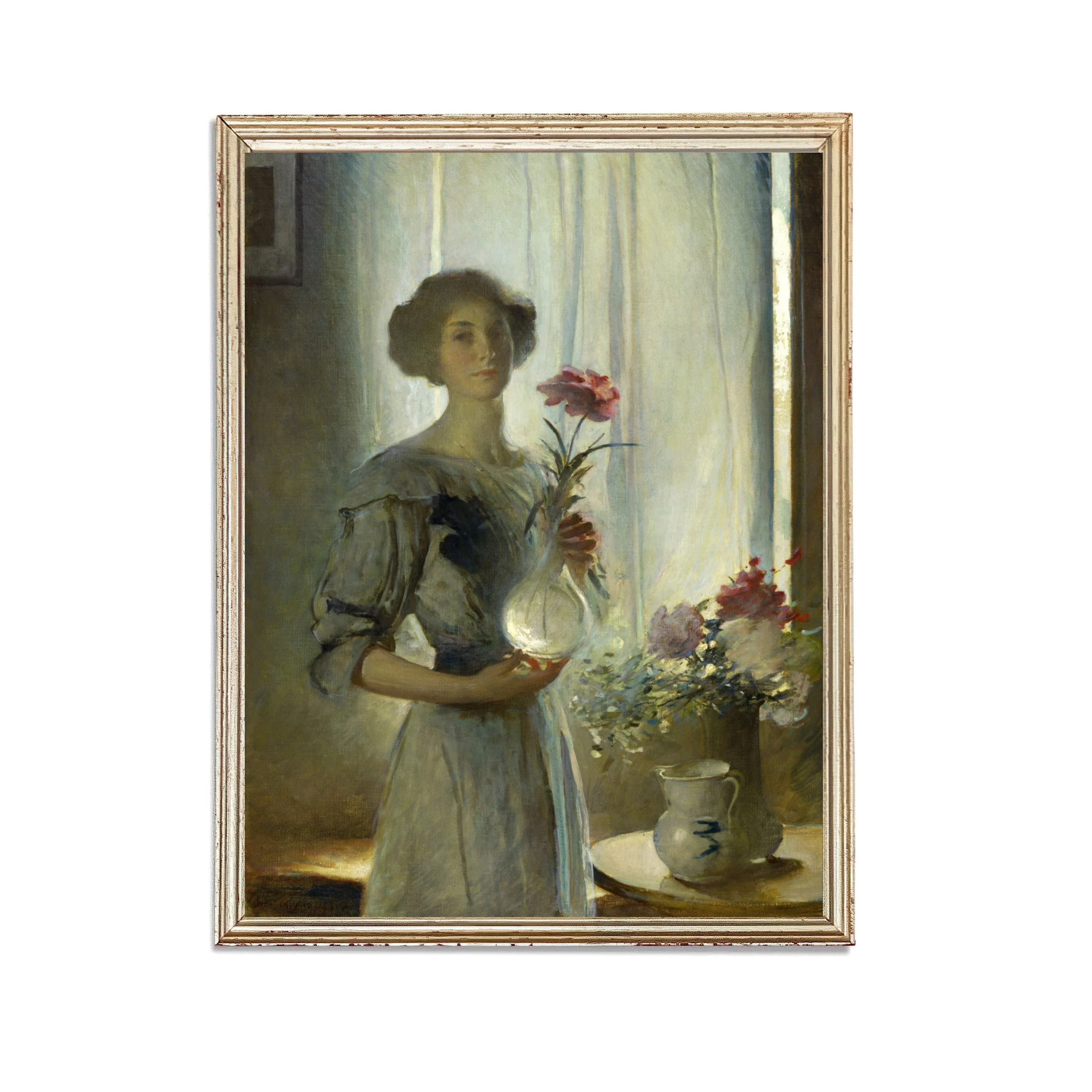 Vintage Vase of Pink Flowers Painting | Female Portrait Artwork | Classic Woman Window Poster | 19th Century Art Print | PRINTABLE art
