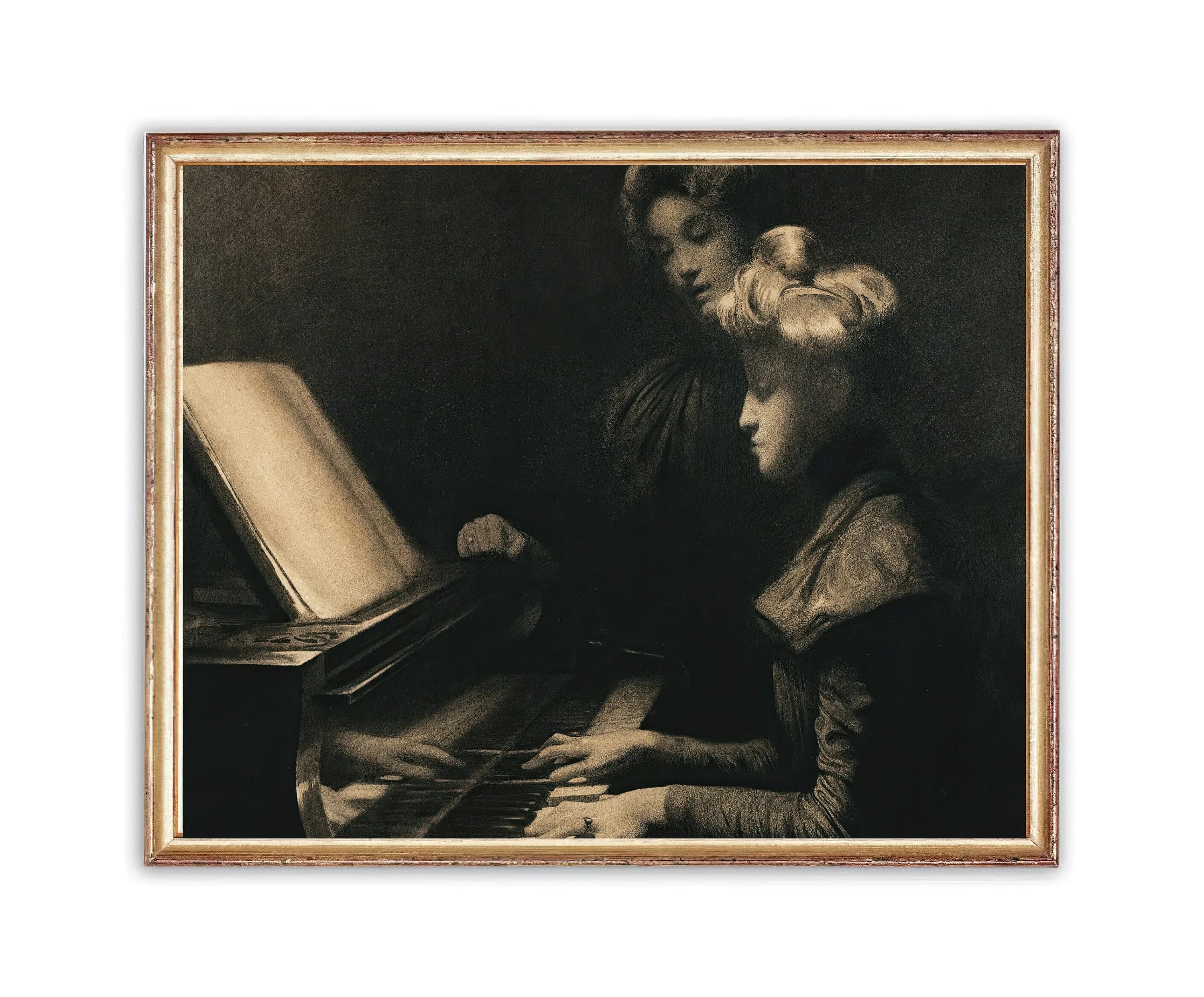 Vintage Women Playing Piano Painting | Black and White Artwork | Classic Female Portrait Poster | 19th Century Art Print | PRINTABLE art