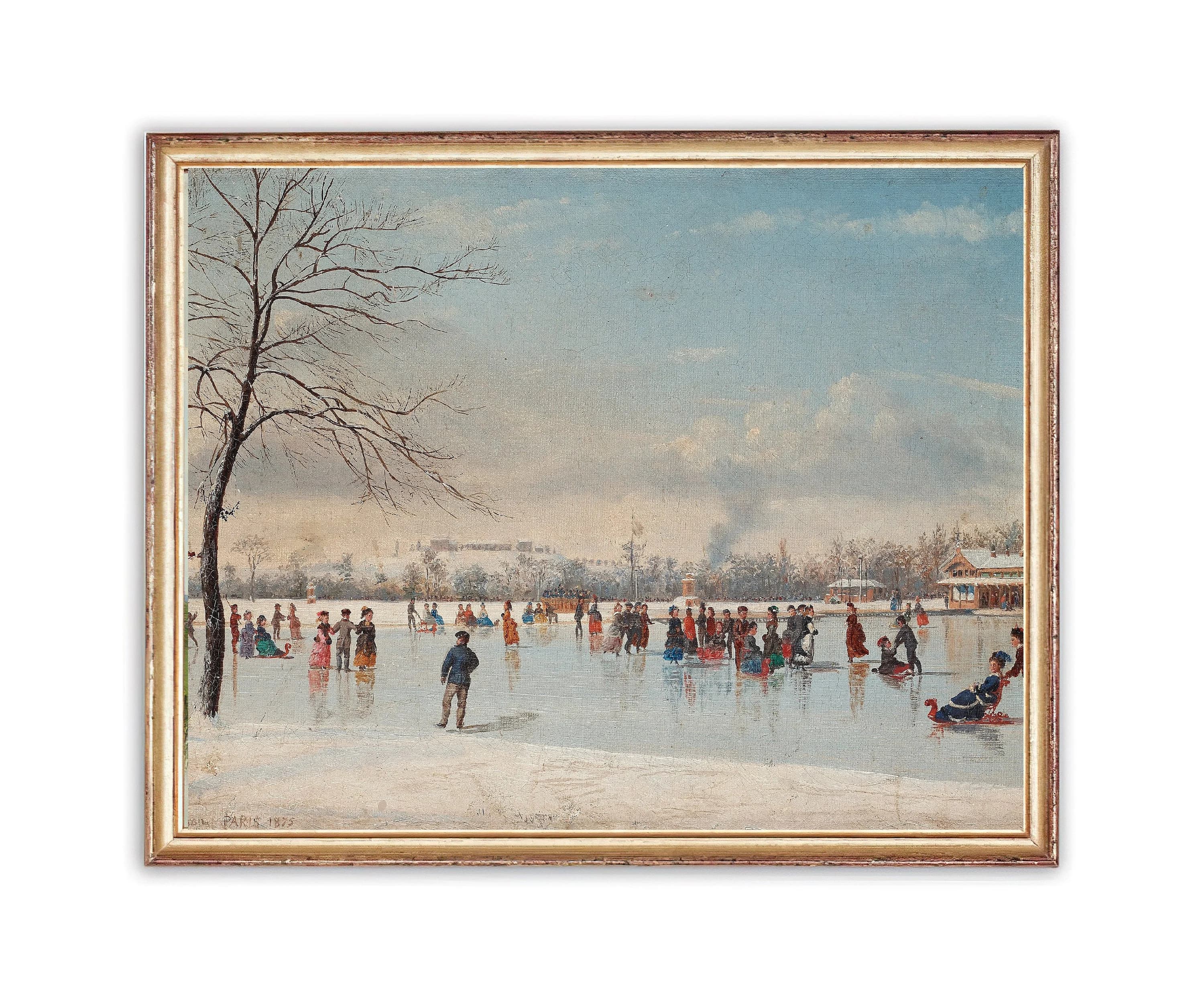 Vintage Children Skating Painting | Antique Winter Snow Artwork | Classic Village Landscape Poster | 19th Century Art Print | PRINTABLE art