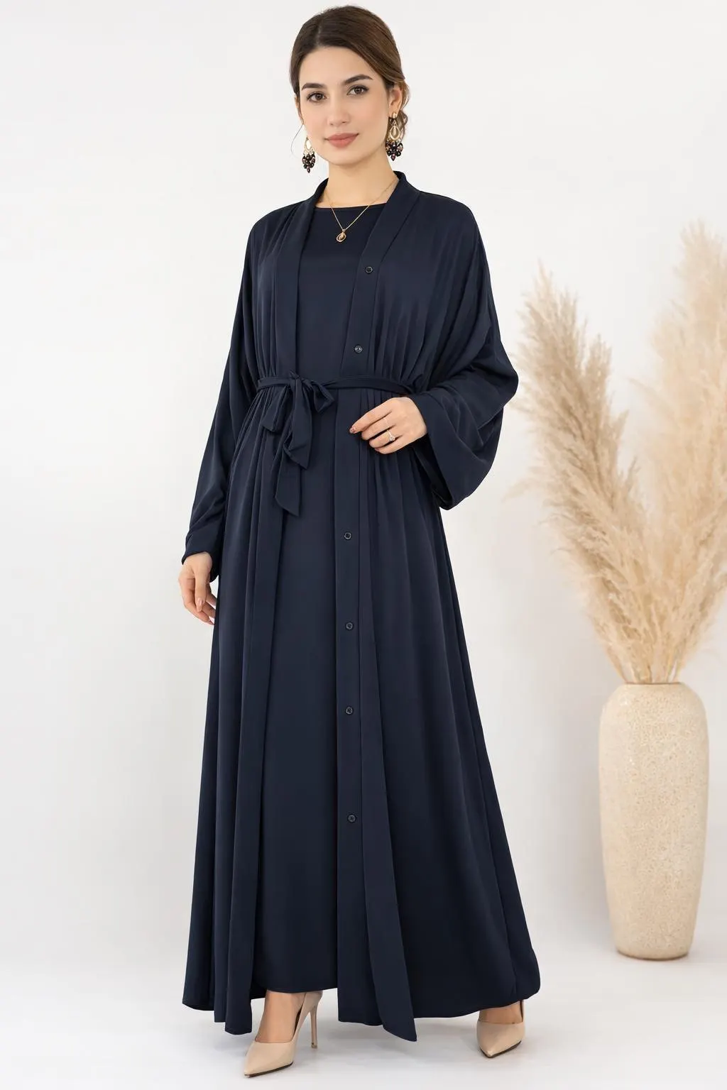 Navy Blue Satin Abaya Set – 2 Piece Modest Maxi Dress, Open Abaya, Eid Outfit - image 3