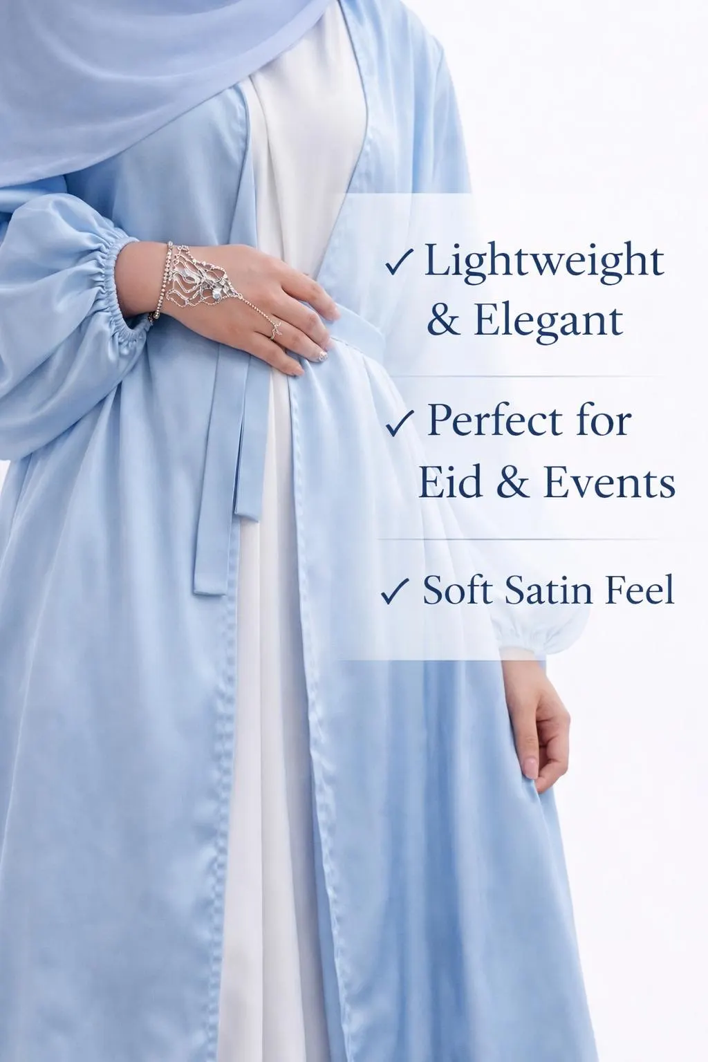 Sky Blue Open Abaya Kimono, Satin Modest Dress, Elegant Eid Outfit - image 5